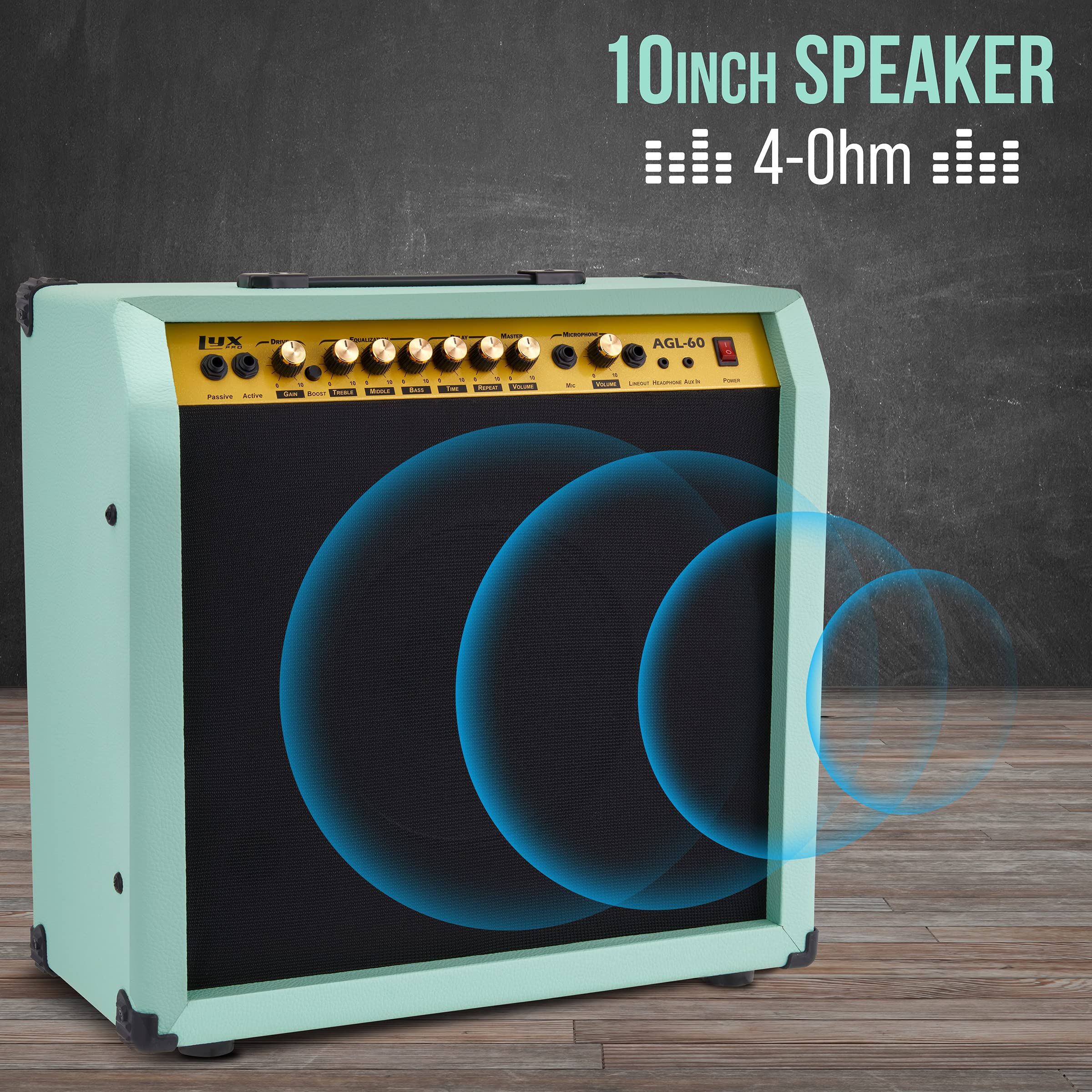LyxPro Electric Guitar Amp 20 Watt Amplifier Built in Speaker Headphone Jack and Aux Input Includes Gain Bass Treble Volume and Grind - Black