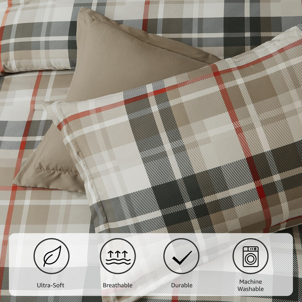 MaiRêve Queen Comforter Set, Classic Plaid Farmhouse Bedding Sets 7 Pieces, Beige All Season Bed in A Bag with Sheets, Pillowcases & Shams