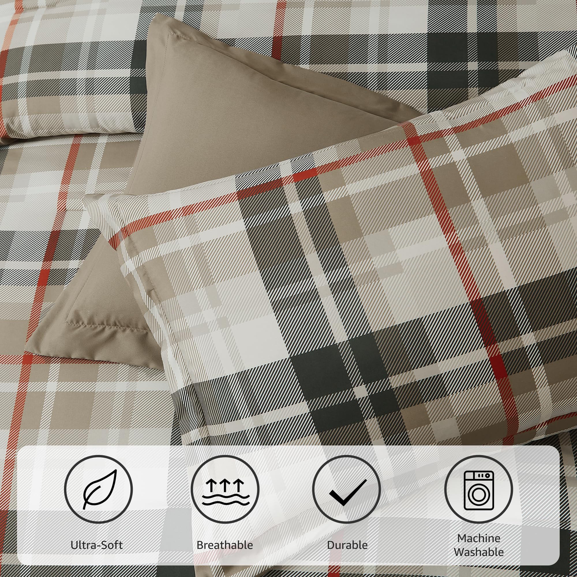 MaiRêve Queen Comforter Set, Classic Plaid Farmhouse Bedding Sets 7 Pieces, Beige All Season Bed in A Bag with Sheets, Pillowcases & Shams