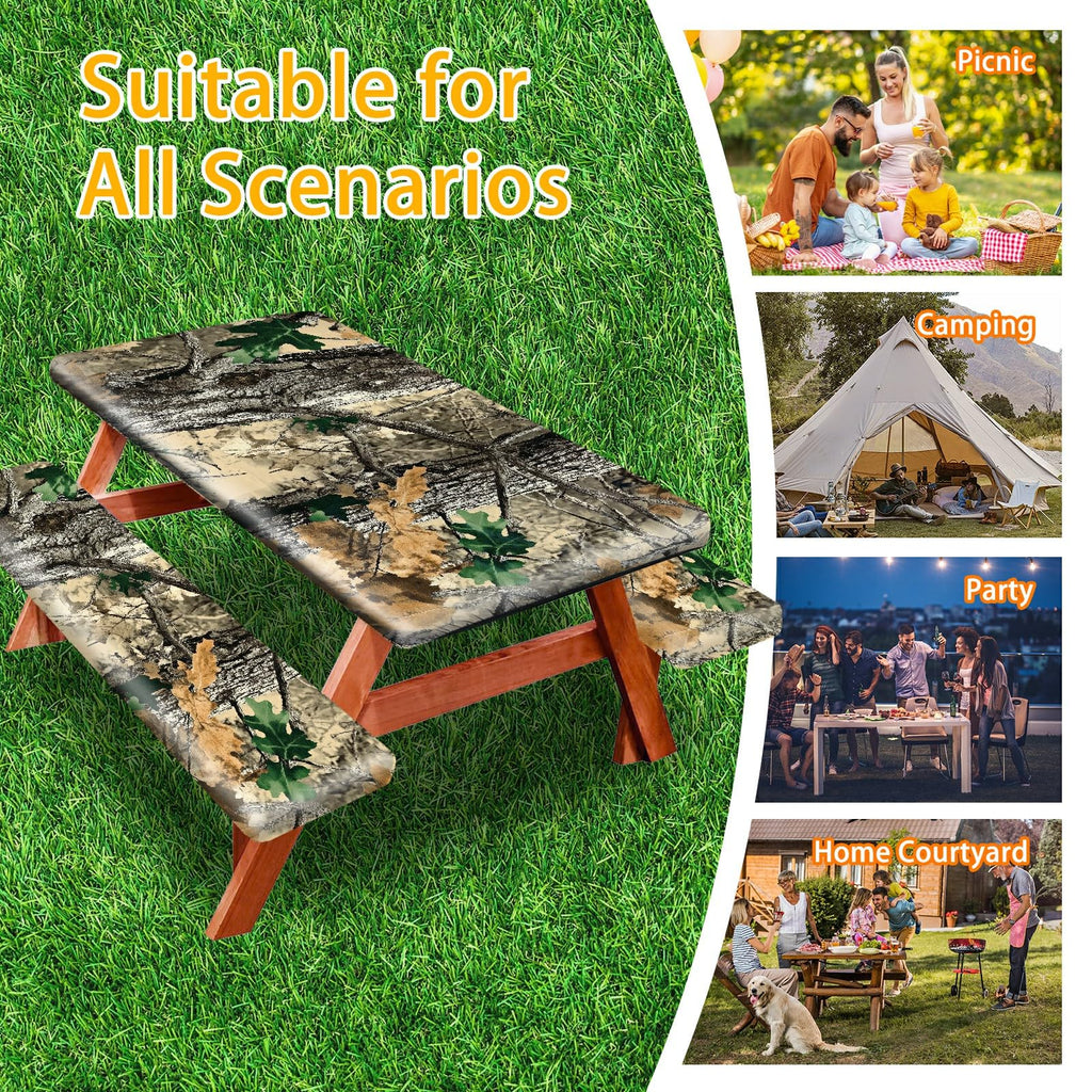 Park Picnic Table Cover with Bench Covers Lightweight Camping Essentials, Oil-Proof Waterproof 3PCS Tablecloth with Elastic, Fitted for Table 6FT Rectangle and Seats, American Flag Eagle (72x30in)