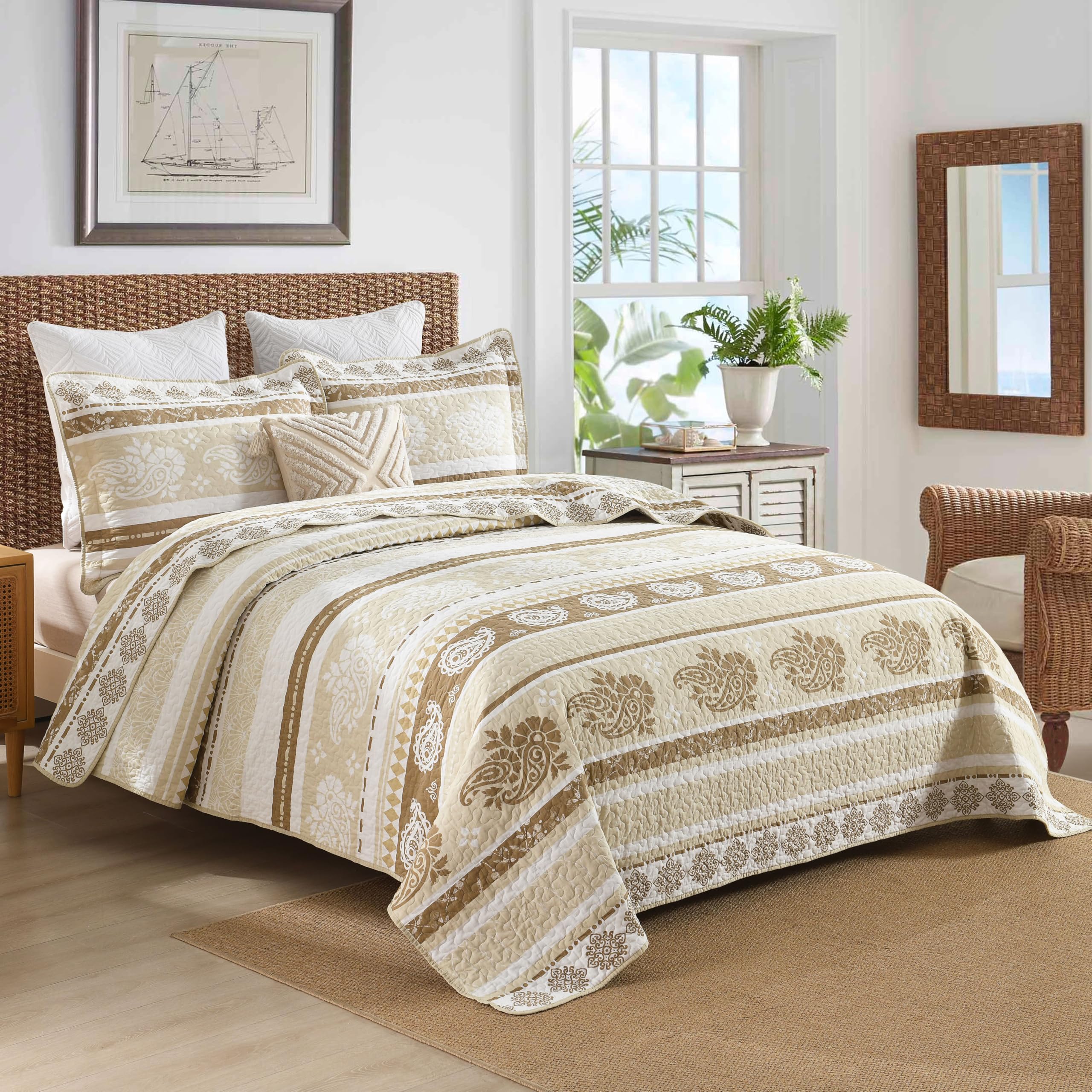Yellow Quilts Queen Size, Paisley Comforter Set Queen Cotton Bed, Yellow Grey White Comforter, Striped Bedding Queen Size, Lightweight Luxury Bedspread,3 Piece