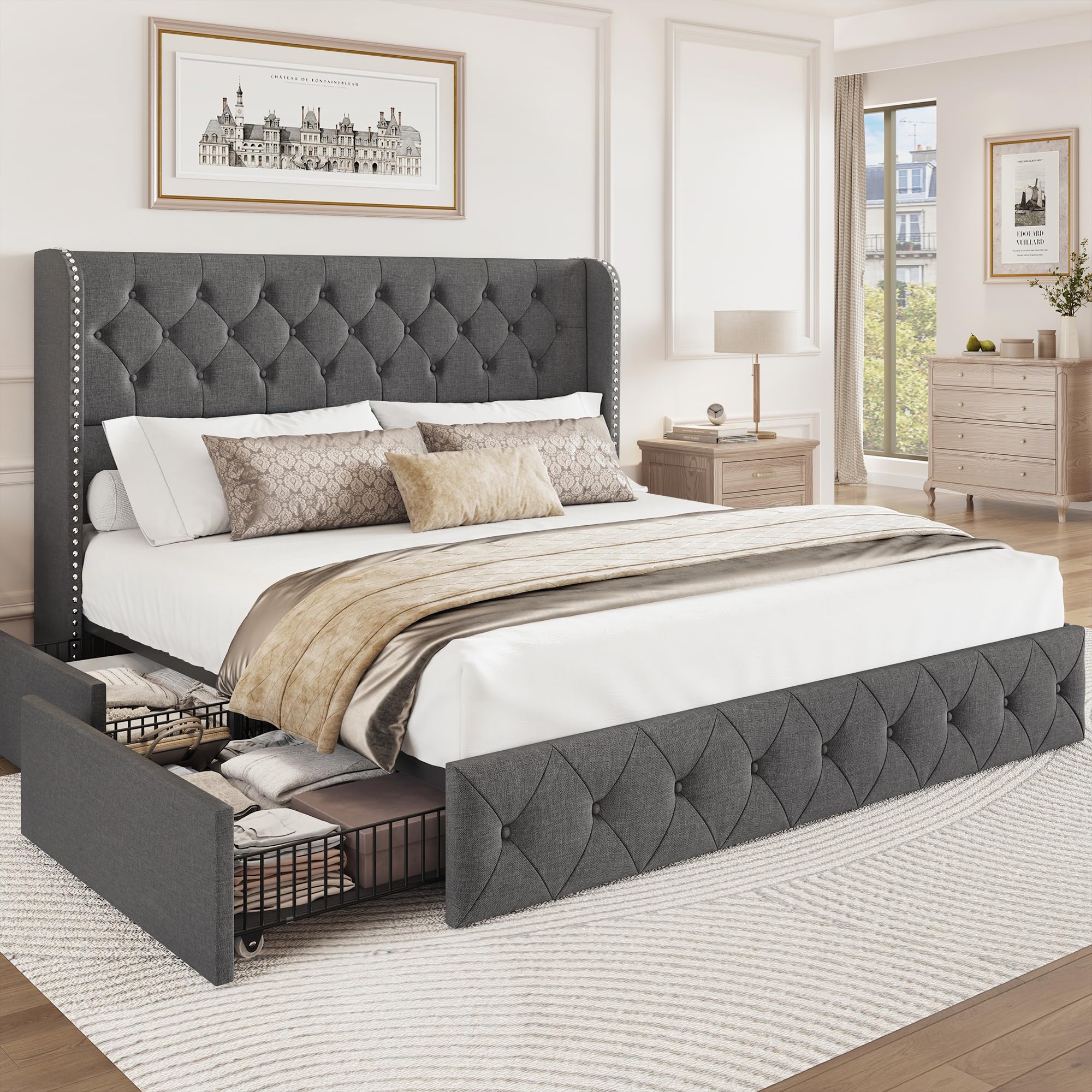 BRELTAM Full Size Bed Frame with Storage Drawers and Wingback Headboard Linen Upholstered Platform Bed Frame Tufted Beds with Heavy Duty Wood Slats, Noise Free, Easy Assembly, Beige