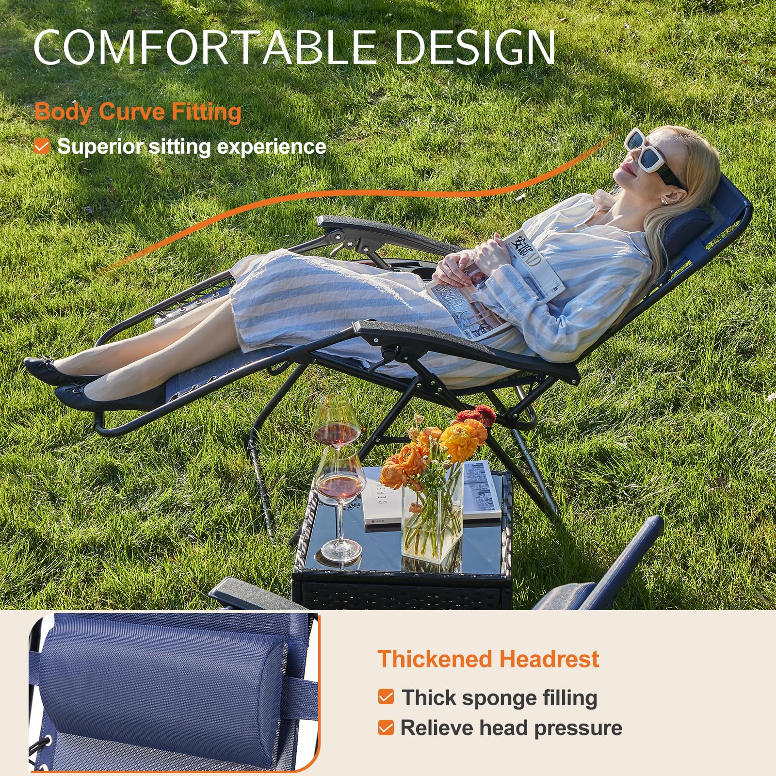 Sweetcrispy Zero Gravity Chairs, Set of 4 Portable Recliner Beach Camping Patio Outdoor Folding Lounge Chair with Cup Holder Trays and Adjustable Pillow for Poolside, Garden, Backyard, Lawn, Black