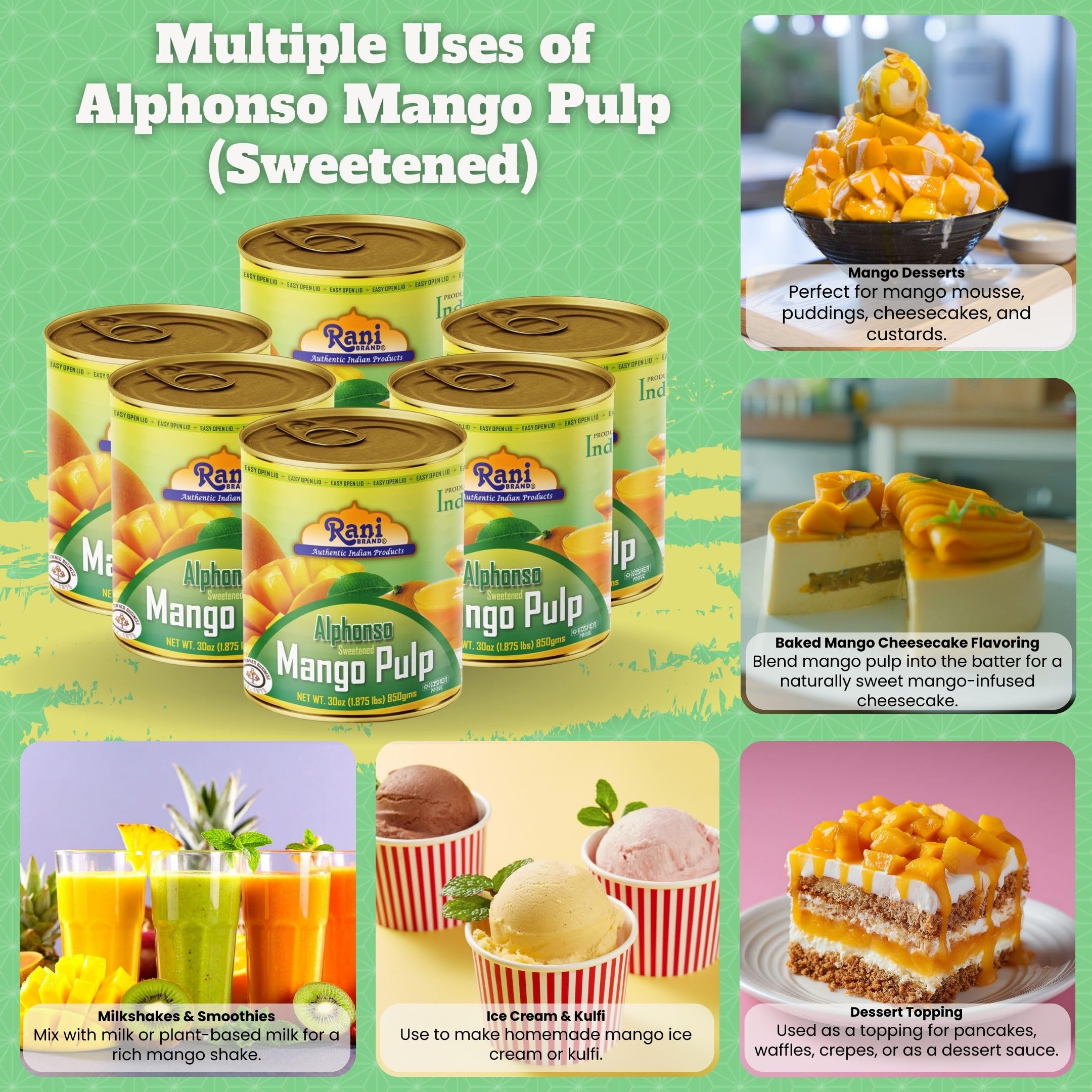 Rani Mango Pulp Puree (Makes Mango Lassi Shakes) Alphonso Sweetened 30oz (1.875lbs) 850g ~ Kosher | All Natural | NON-GMO | Vegan | No colors | Gluten Friendly | Indian Origin