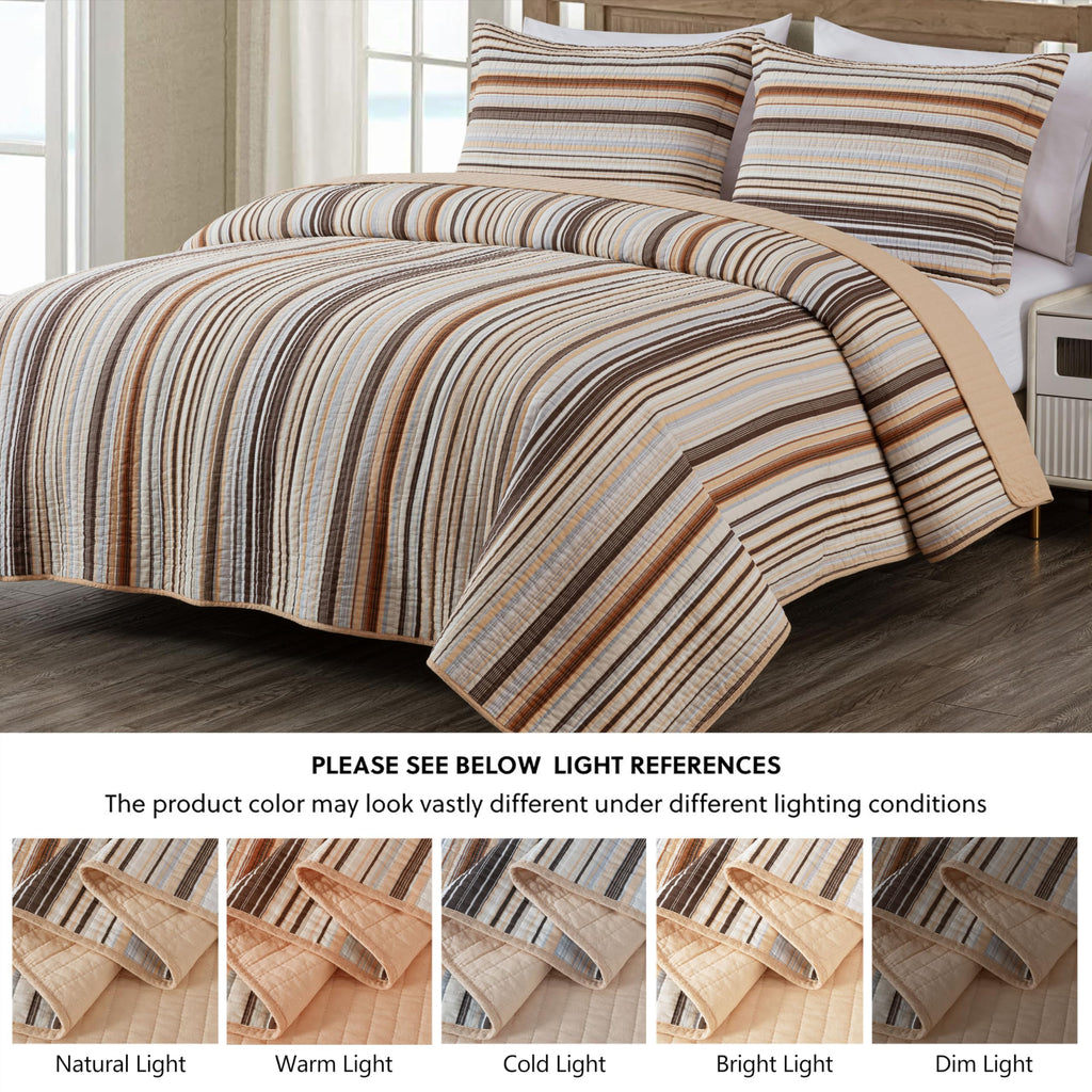 Chezmoi Collection Avery Striped Cotton Quilt Set Twin Size, 2-Piece Soft Pre-Washed 100% Cotton Quilt, Multi-Color Brown