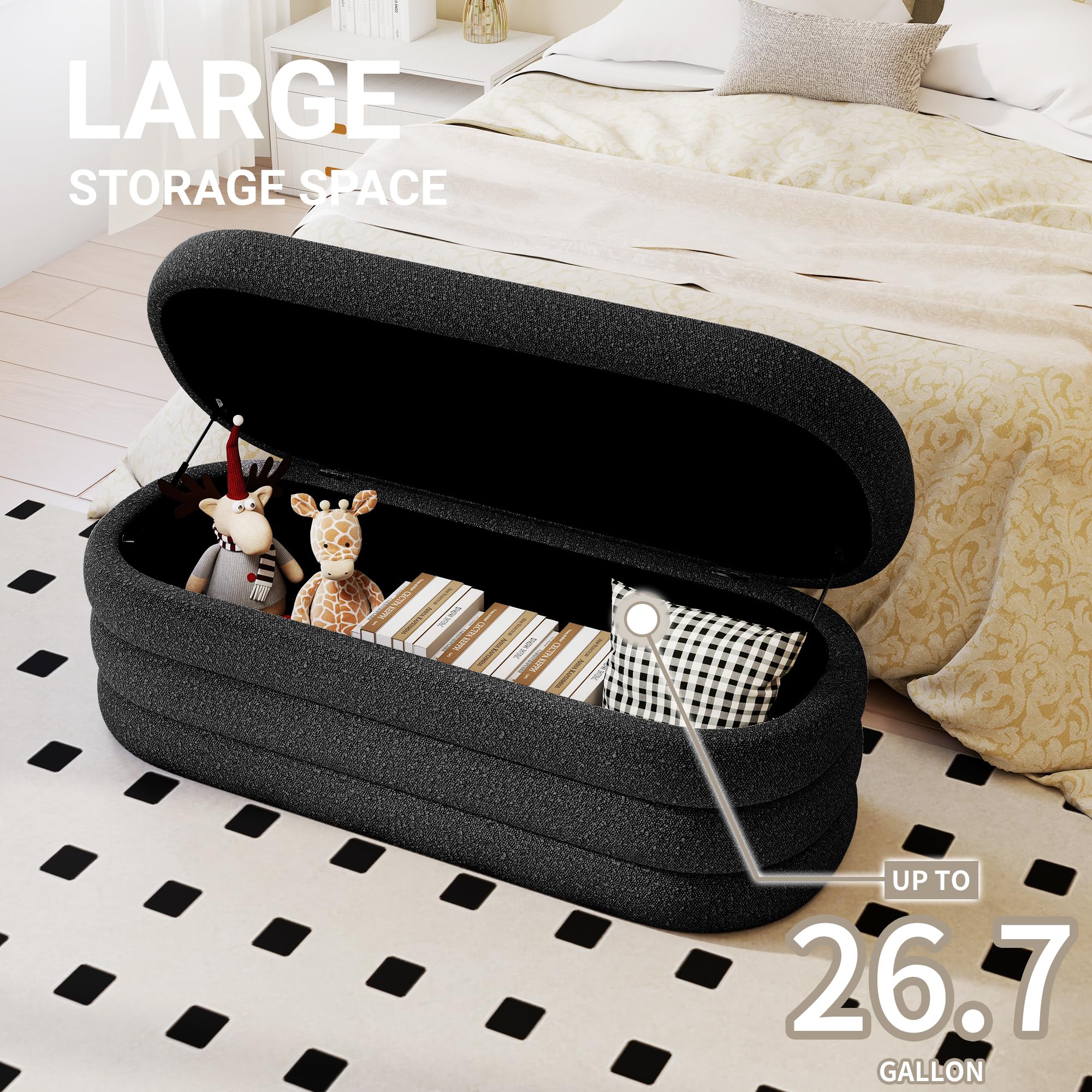 Busaurus Storage Ottoman Bench 49.2 Inch Upholstered Fabric Storage Bench for Bedroom End of Bed Aesthetic Large Oval Ottoman for Living Room Entryway (Black)