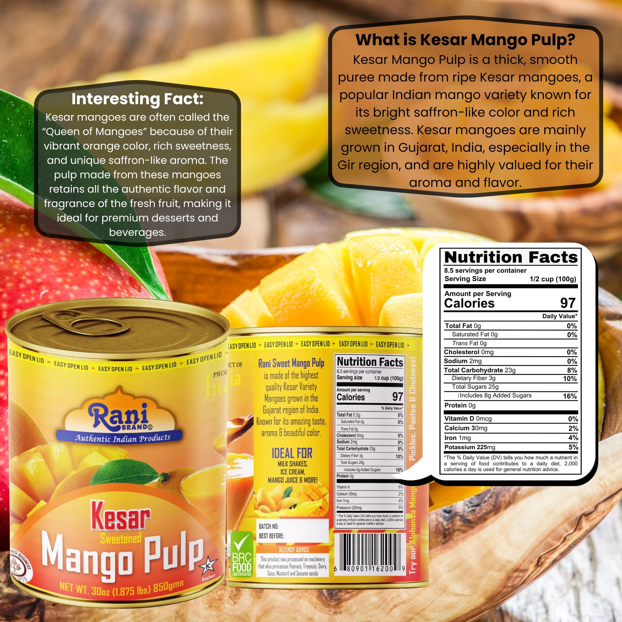 Rani Mango Pulp Puree (Makes Mango Lassi Shakes) Alphonso Sweetened 30oz (1.875lbs) 850g ~ Kosher | All Natural | NON-GMO | Vegan | No colors | Gluten Friendly | Indian Origin