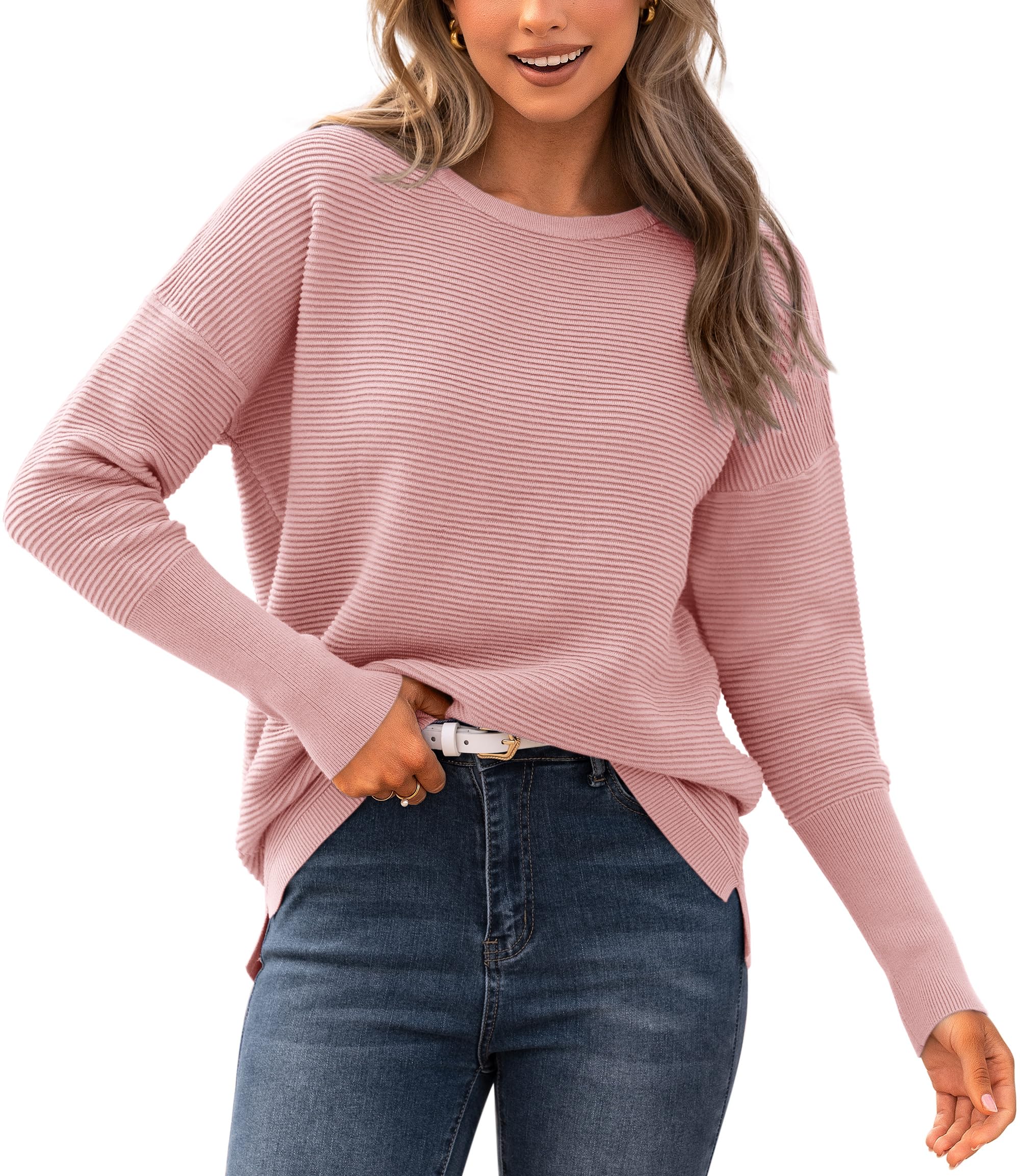 BTFBM Fall Sweaters for Women 2026 Casual Long Sleeve Sweater Striped Loose Fit Pullover Tops