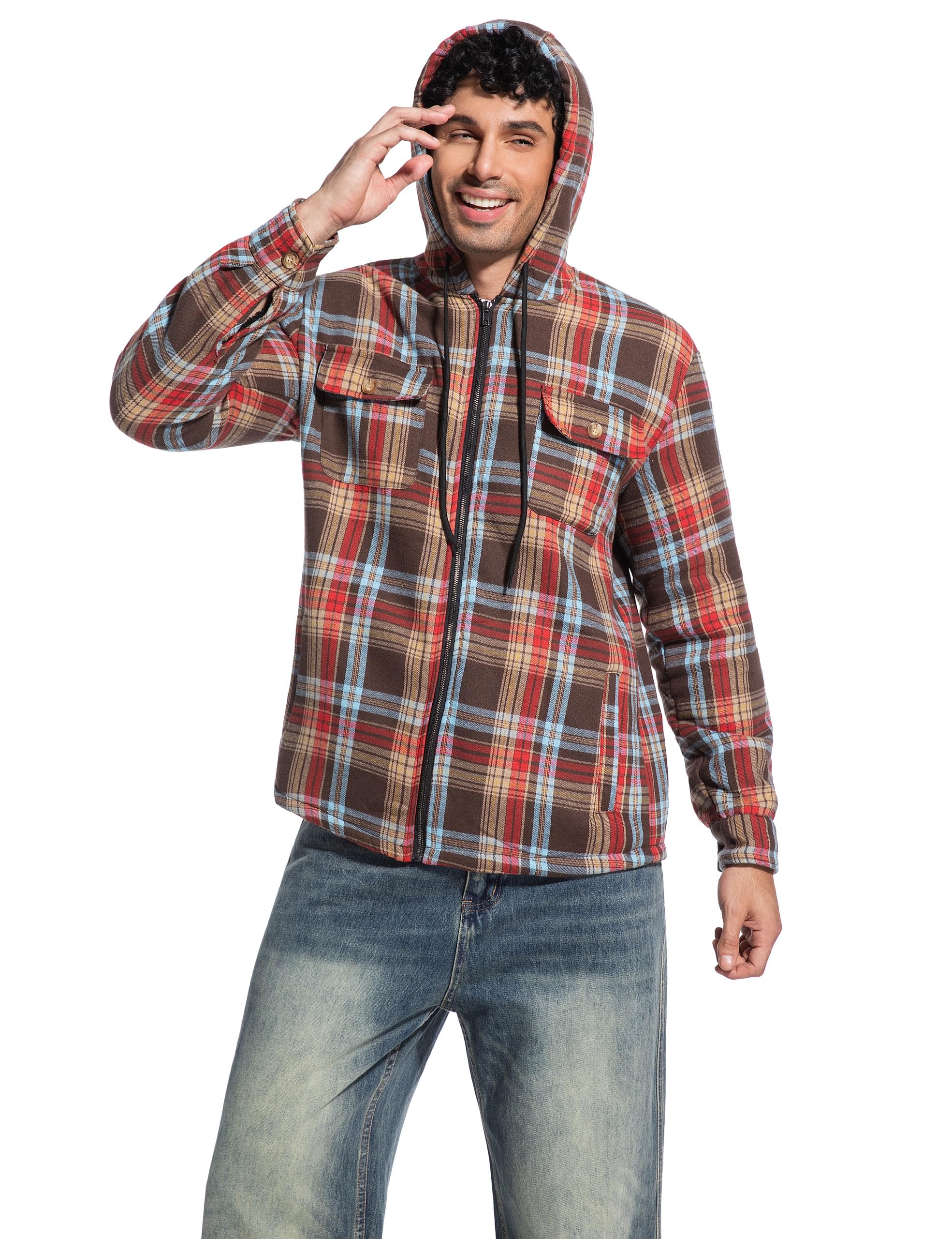 Men's Flannel Plaid Hooded Jackets Full Zip Sherpa Fleece Lined Hoodies Fashion Warm Coat