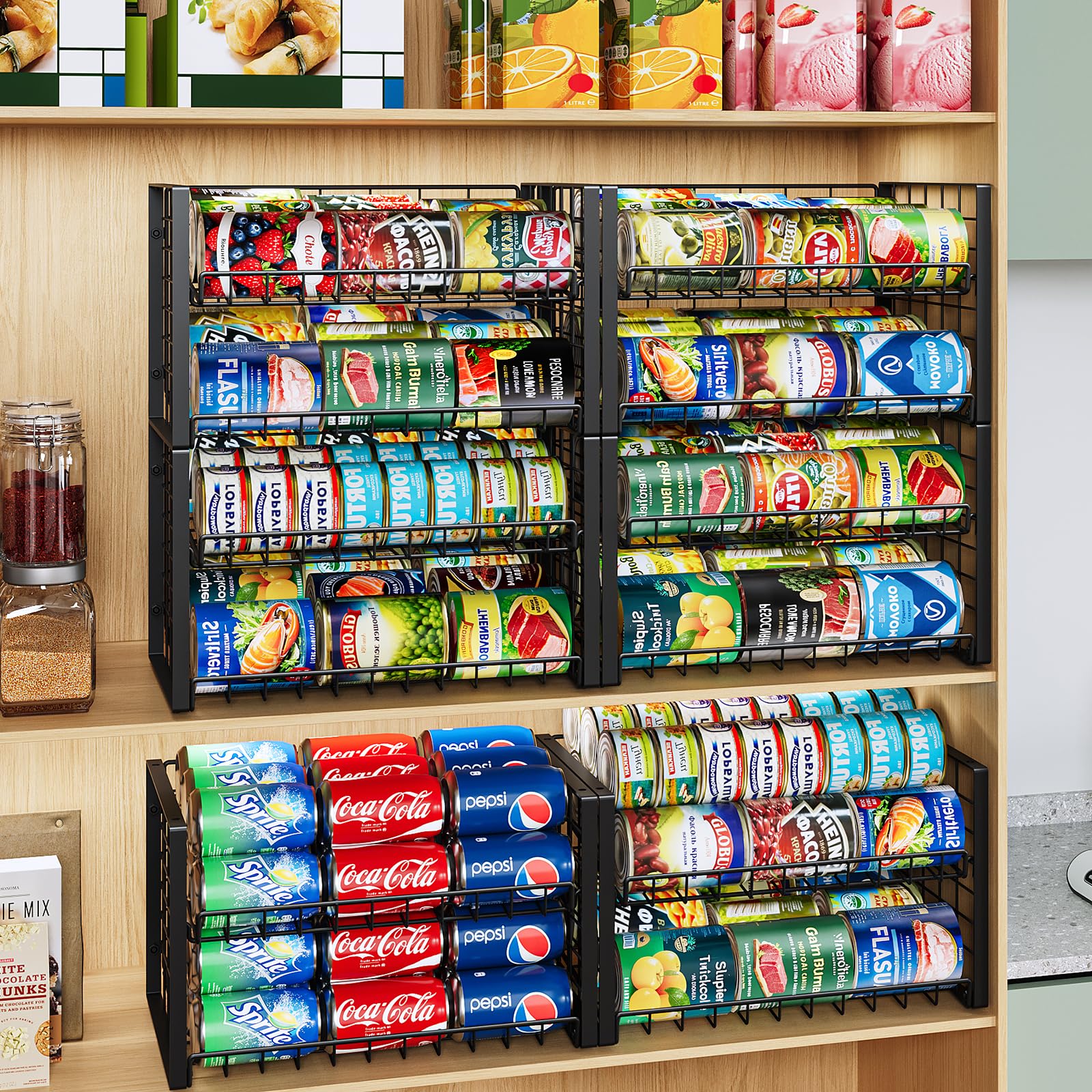 JKsmart 3-Tier Stackable Can Rack Organizer for Pantry, Adjustable Can Storage Holder for Various Ounces of Canned food Soda Drinks, Can Dispenser for Kitchen Cupboard Cabinet, 2 Pack