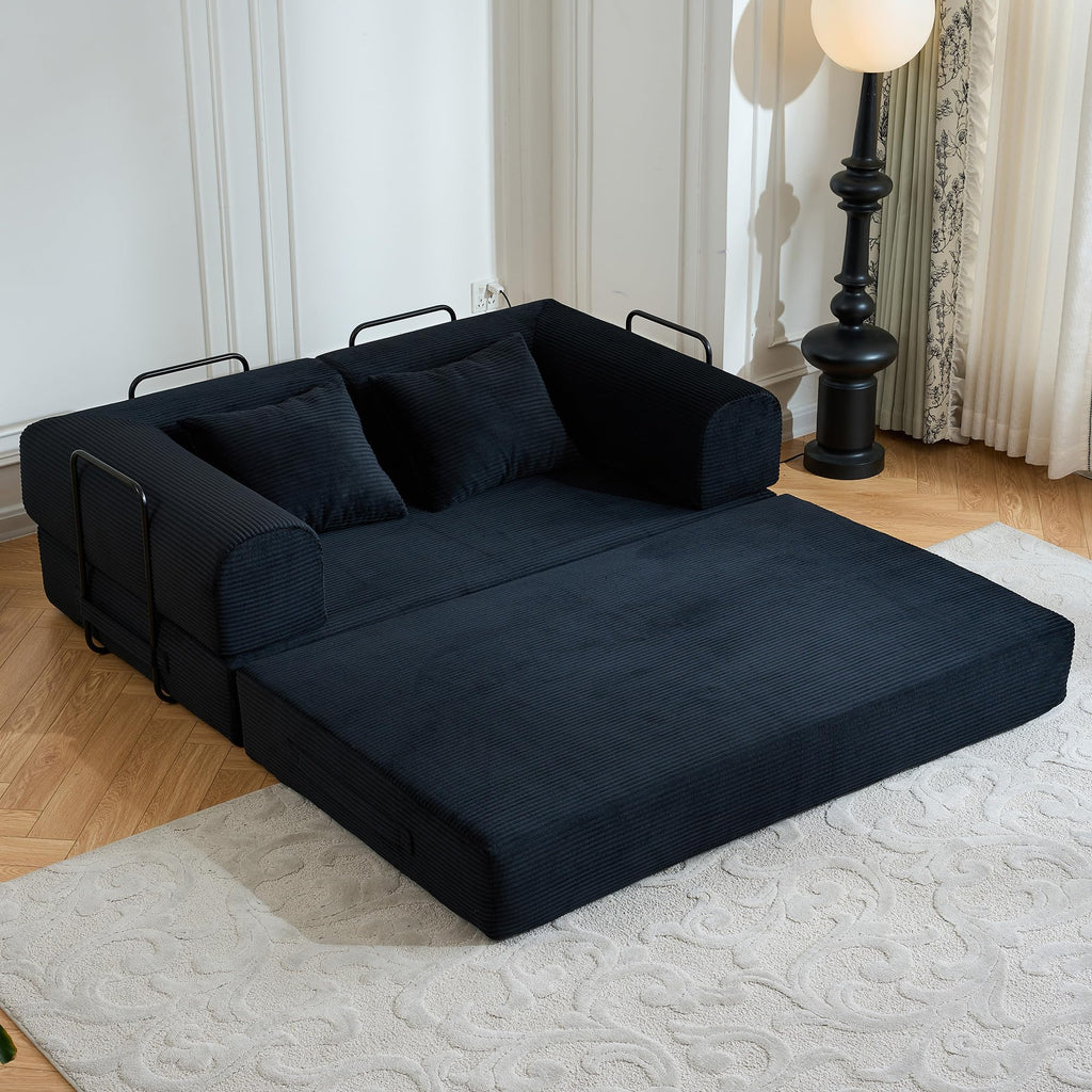 ZEIINPA 59“ Convertible Floor Sofa Bed, 5-in-1 Futon Sofa Bed Pull Out Sleeper Couch, Modern Corduroy Compressed Loveseat, Modular Boneless Couches for Living Room, No Assembly Required, Beige