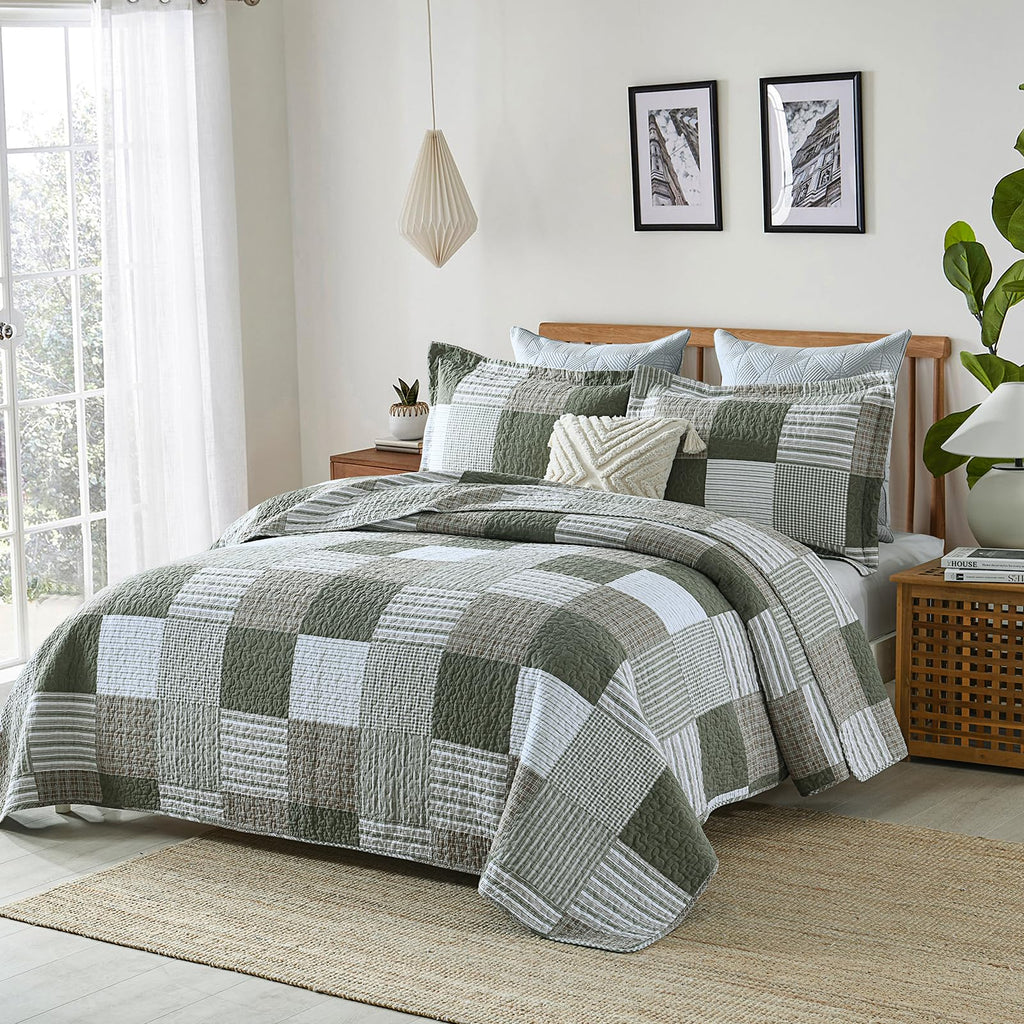 Y-PLWOMEN 100% Cotton Farmhouse Plaid Lightweight 3-Pieces Quilt Set (Blue Brown, Queen90 * 98 Inch)