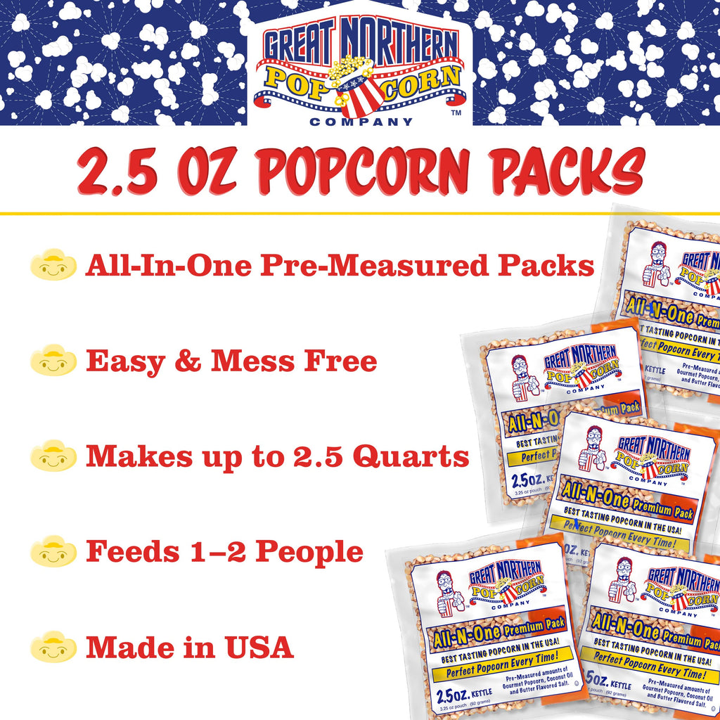 2.5oz Popcorn Packs - Pre-Measured, Movie Theater Style, All-in-One Kernel, Salt, Oil Packets for Popcorn Machines by Great Northern Popcorn (40 Case)