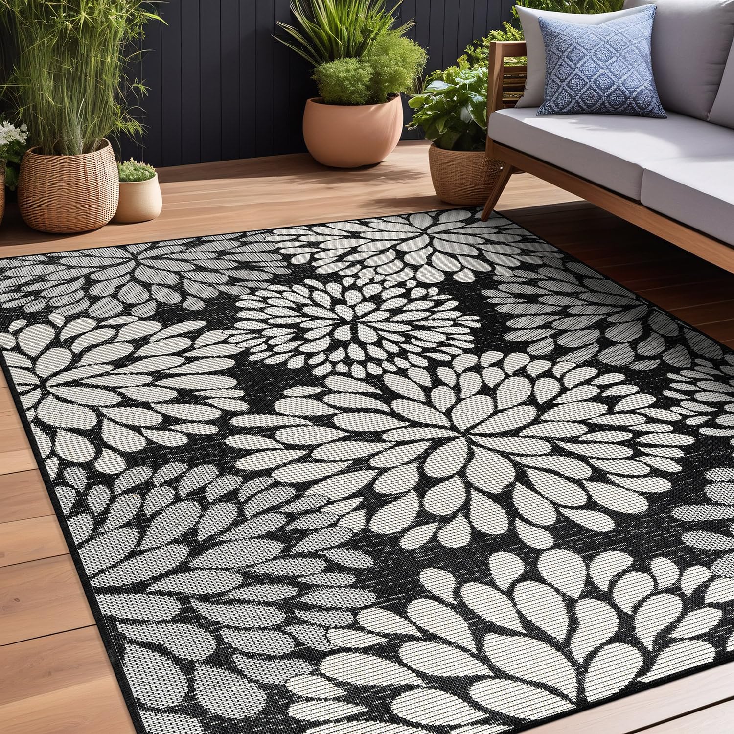 Beverly Rug Outdoor Rug 5x7 Modern Bordered Area Rugs for Indoor and Outdoor Patio Deck Porch Garden Waterproof Weather Sun Resistant Washable Outside Carpet (5 x 7 Beige)