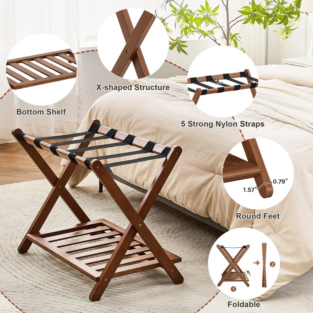 oakvivo Fully Assembled Black Luggage Rack for Guest Room, Bamboo Foldable Suitcase Stand with 5 Nylon Straps, Upgraded Luggage Rack Holder with Shelf for Bedroom Hotel, Holds up to 165 Lbs, 1pcs