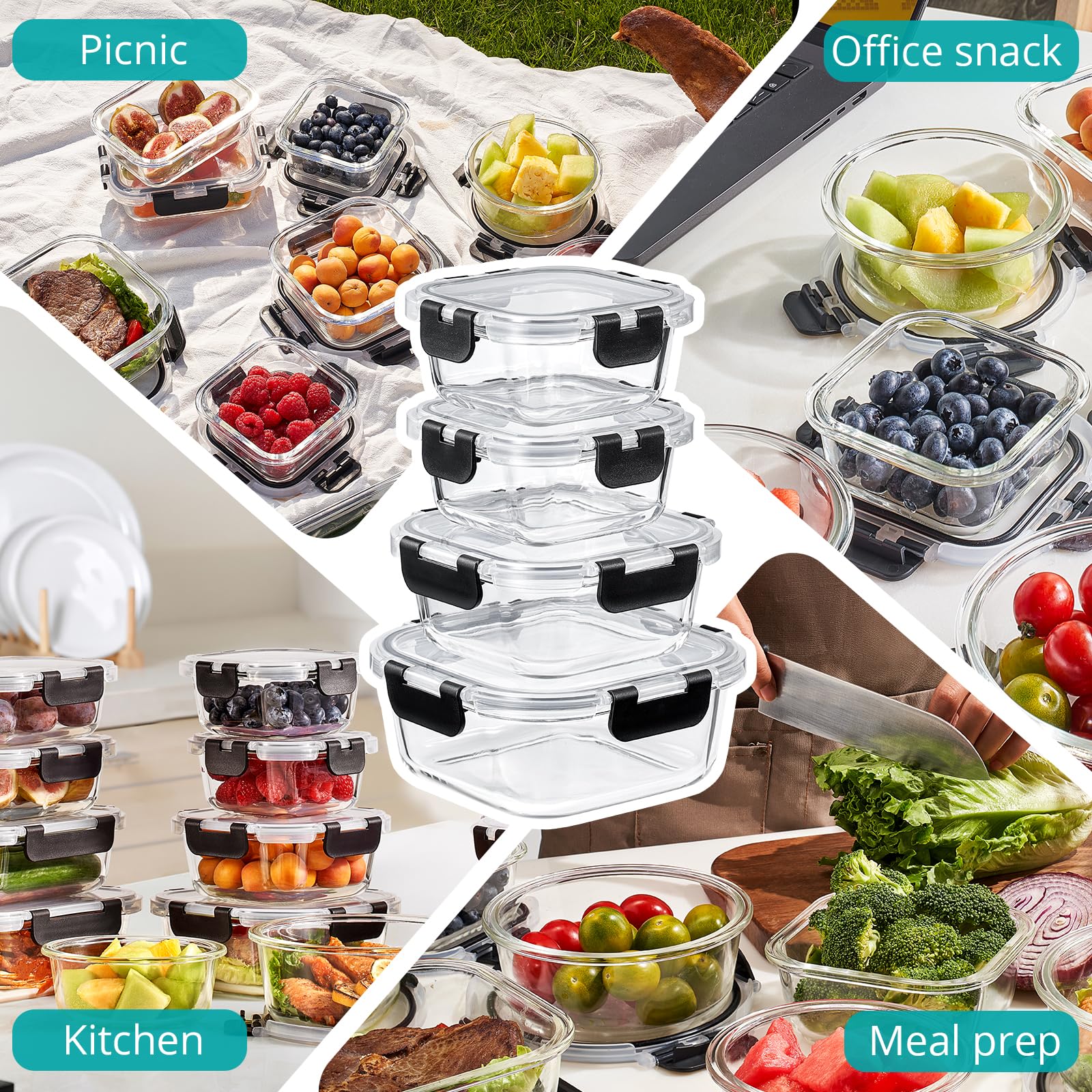 Sorbus 20pc Glass Meal Prep Containers Set – 10 Glass Food Storage Containers (21.3oz, 2.6 Cups) with Airtight Lids – Freezer, Dishwasher, and Oven Safe – Reusable Containers for Meal Prep and Storage