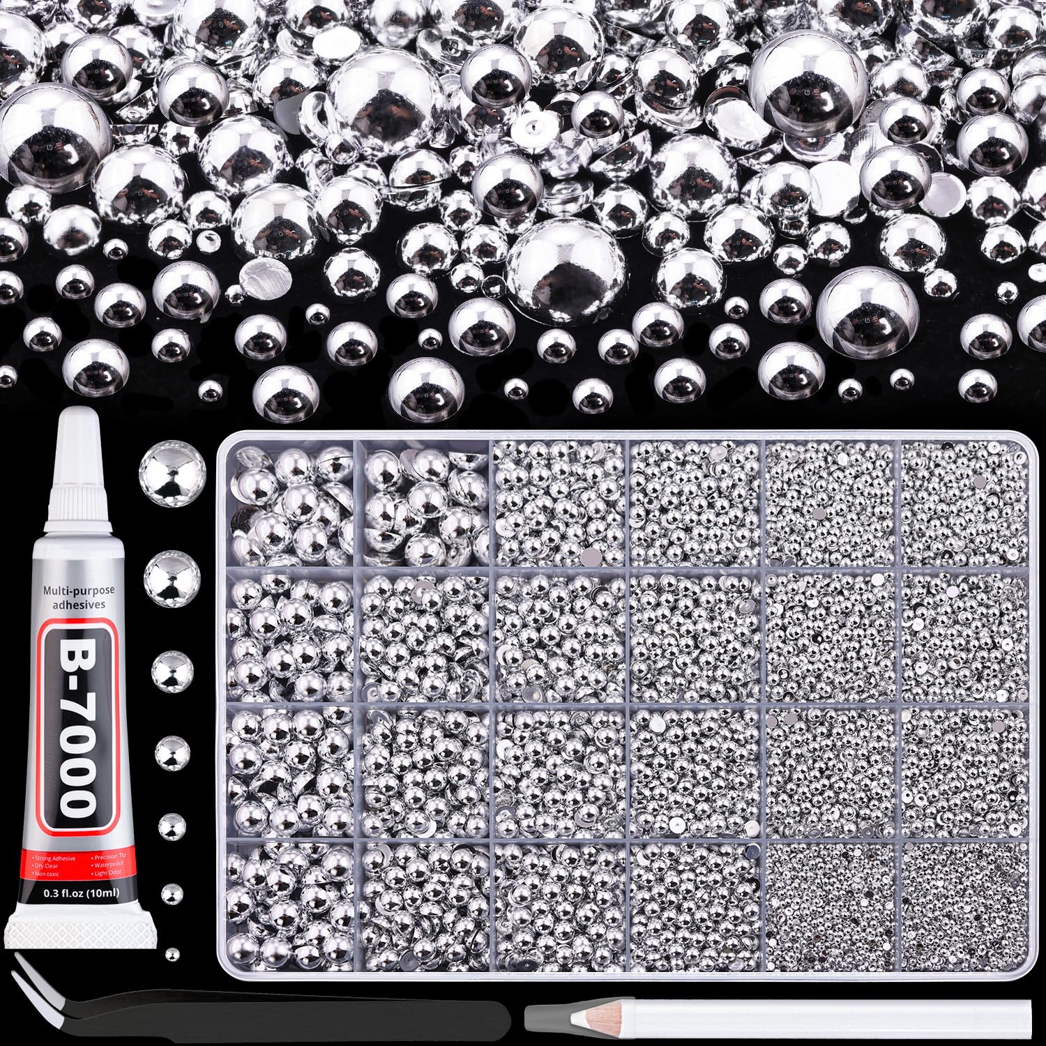 BELLEBOOST 5600pcs ABS Round Flat Back Beige Pearls Kit with Pickup Tools for Nail Art, Face, Body Decorations