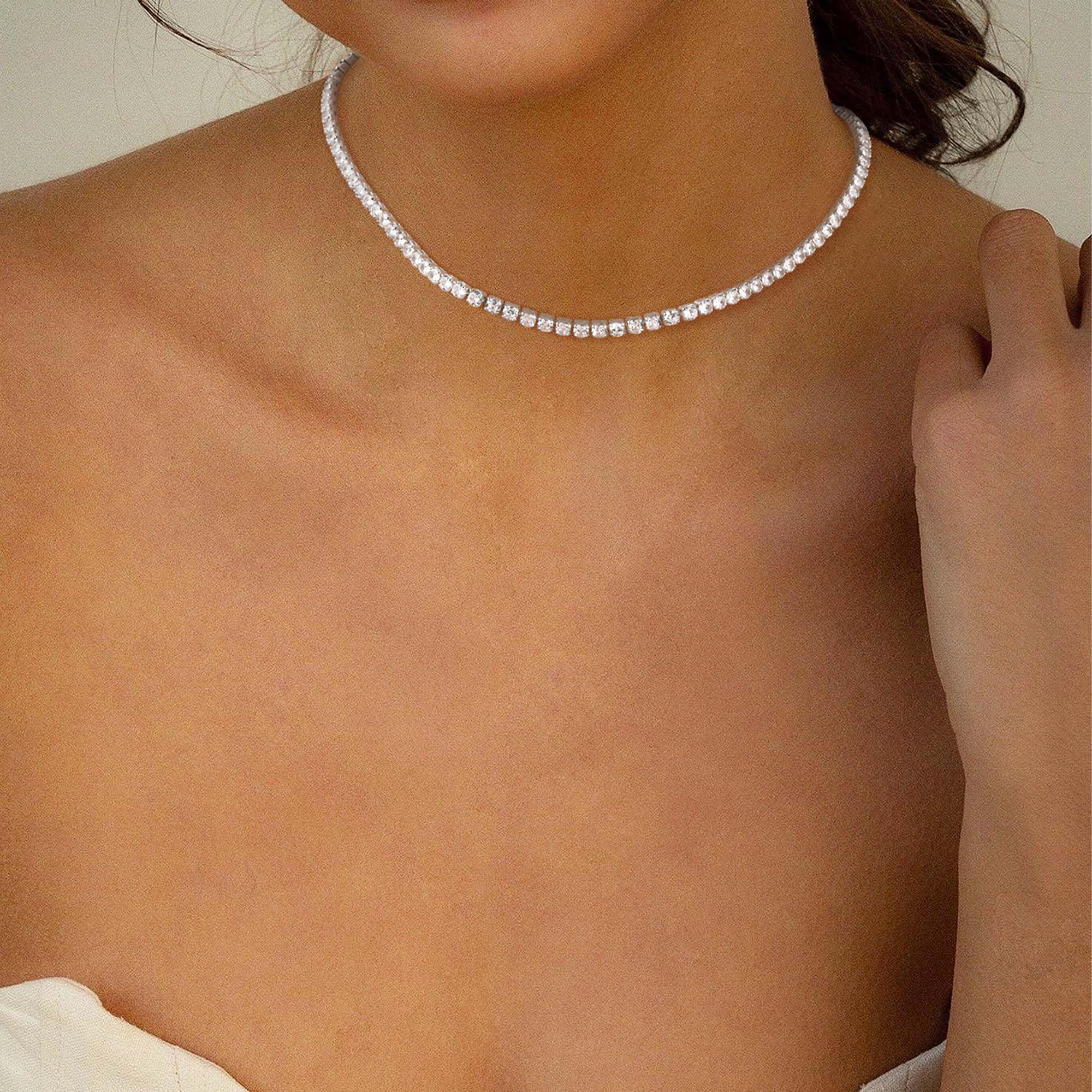 Robaice Tennis Necklace for Women, 14K Gold/Silver Plated Rhinestone Choker Necklace for Women, Dainty Cubic Zirconia Cut Faux Diamond Chain