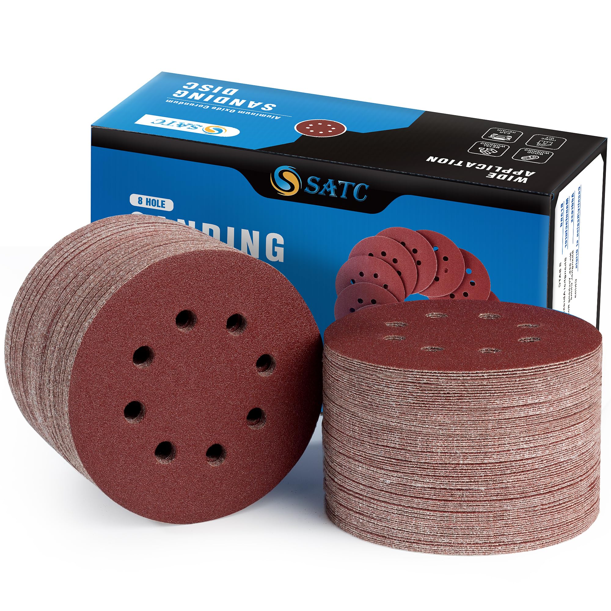 S SATC 72 PCS 5 Inch 8 Hole Hook and Loop Adhesive Sanding Discs Sandpaper for Random Orbital Sander 40 60 80 120 180 240 320 Grits