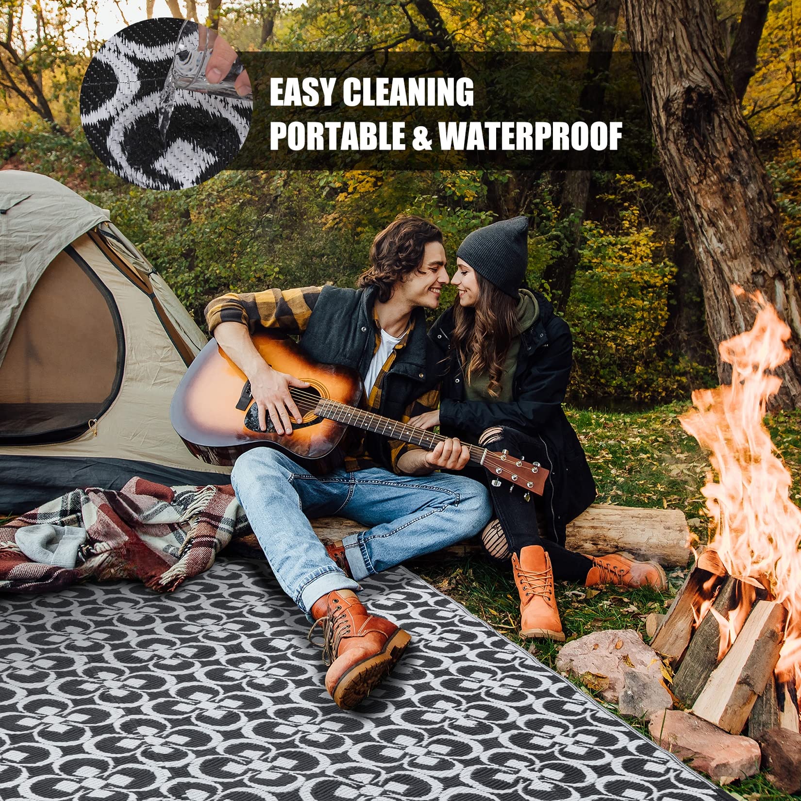 HUGEAR Outdoor Patio Rug 3'x5' Waterproof Outside Area Rugs Blue Reversible Plastic Straw Carpet for RV Deck Camping Entryance Porch Picnic Balcony Beach