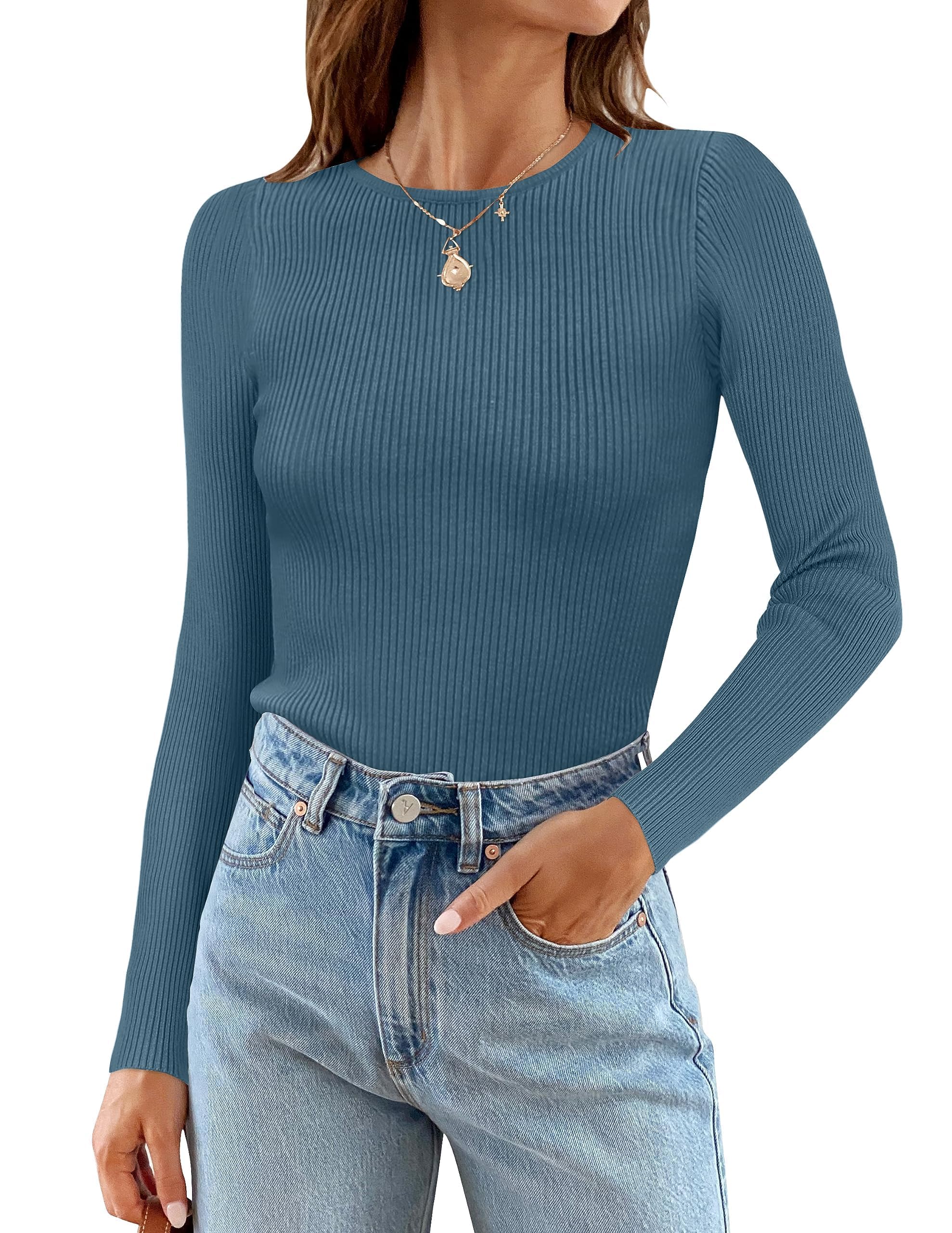 ZESICA Women's Long Sleeve Crewneck Shirts 2026 Spring Ribbed Knit Sweater Slim Fitted Casual Basic Tee Tops