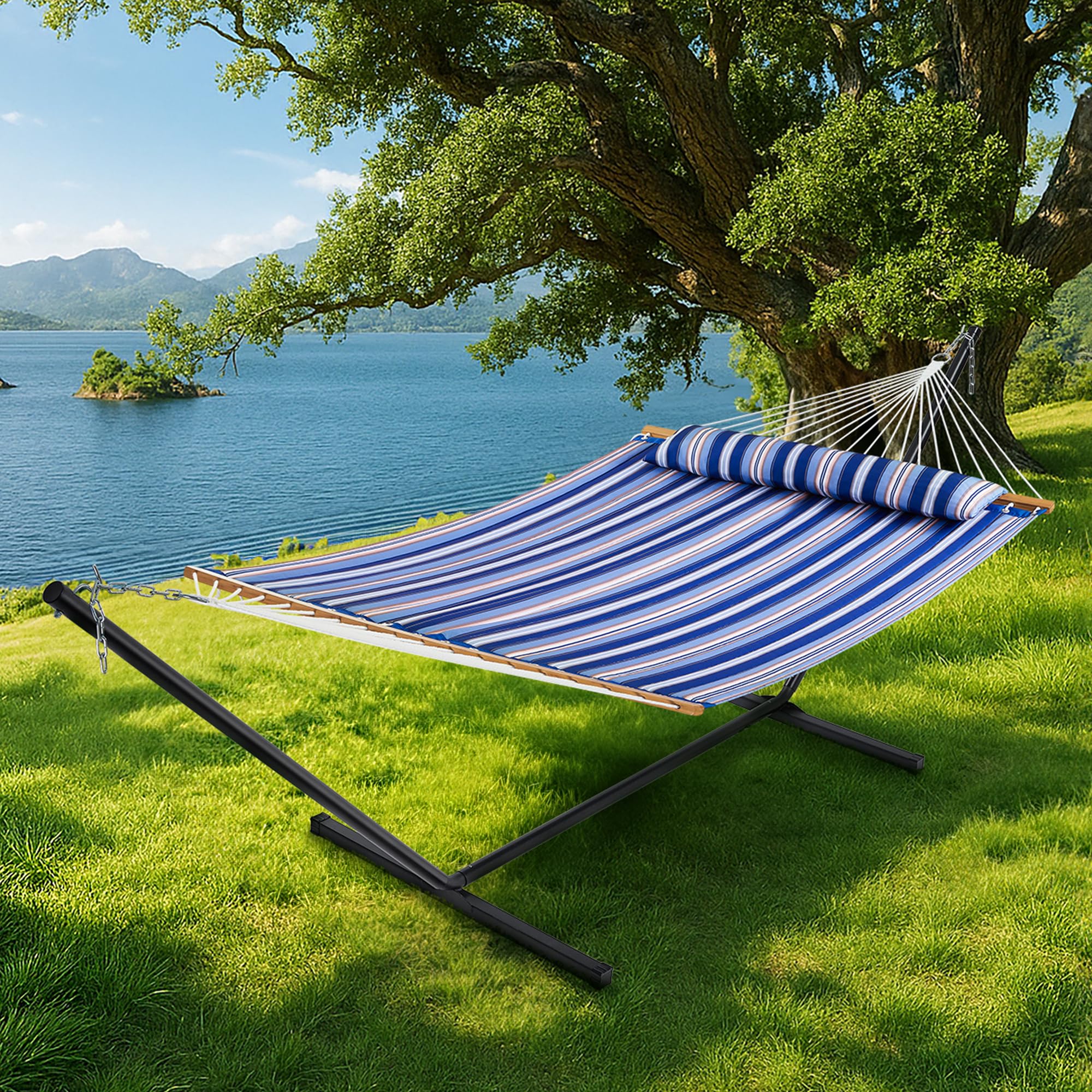 SUPERJARE Hammock with Stand, 2 Person Quilted Outdoor Hammock, Detachable Pillow & Bamboo Spreaders, Portable Hammock with Carrying Bag, Heavy Duty Stand, Perfect for Outside, Patio, Aqua Blue