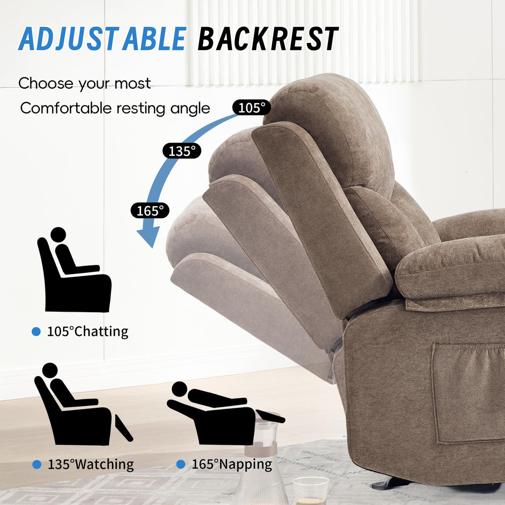 Manual Rocker Recliner Chair for Adults with Massage, Overstuffed Glider Rocking Chair with Cup Holders and Pockets for Living Room, Reclining Sofa Chair for Bedroom Nursery,Beige