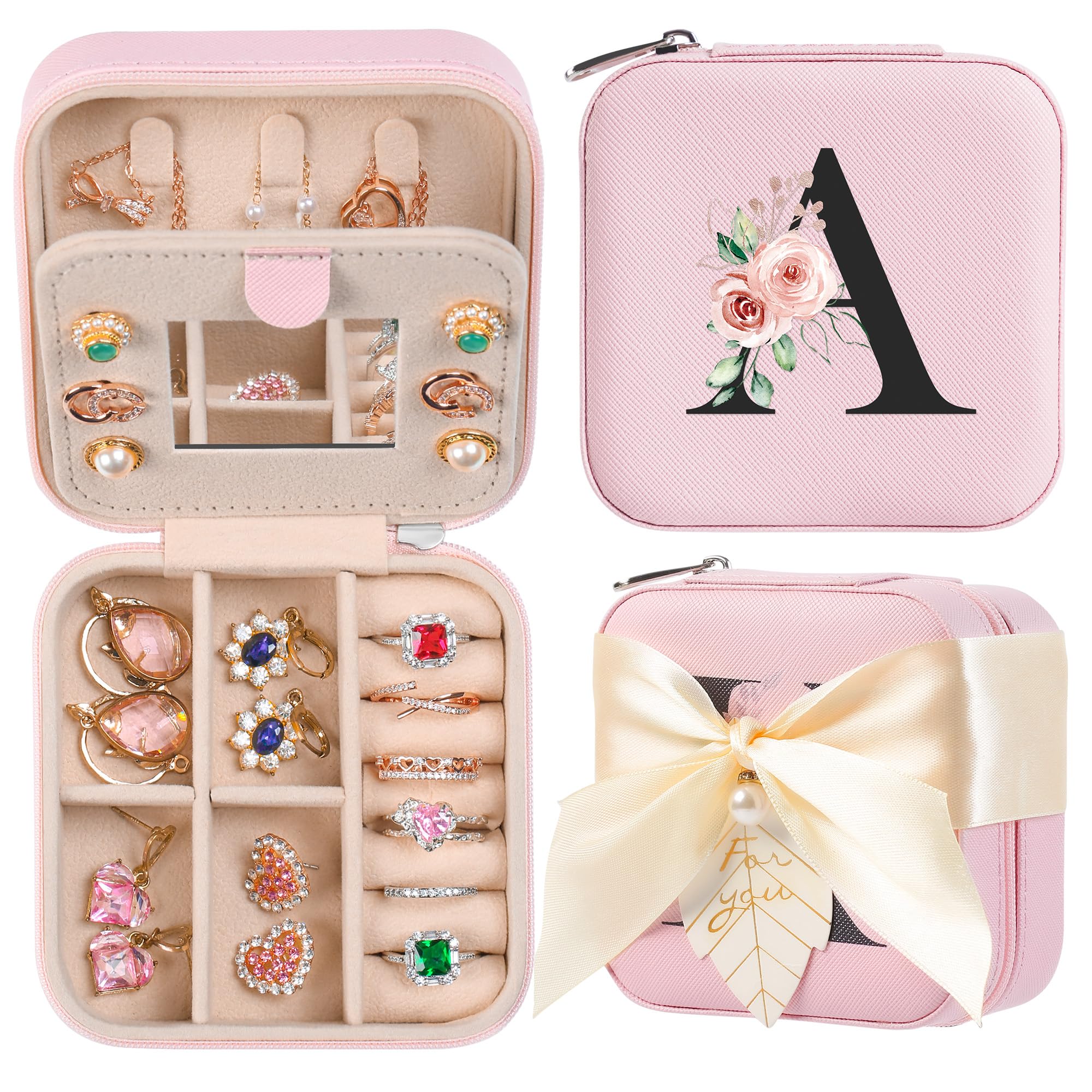 AYGXU Travel Jewelry Box for Women and Girls - Small Case With Initial A-Z - Teacher Gifts