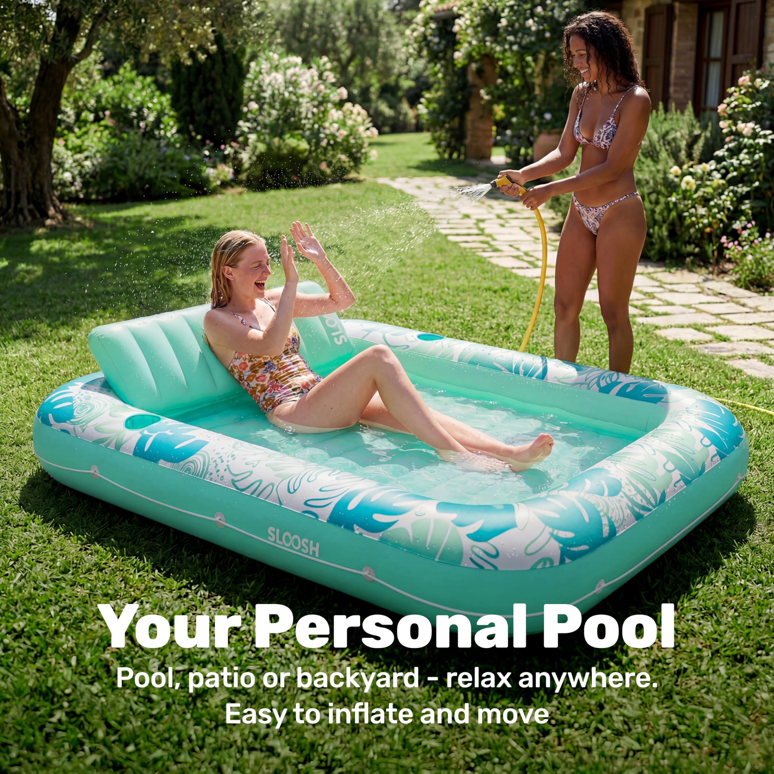 SLOOSH Inflatable Tanning Pool Lounger Float, 85" x 57" Extra Large Pool Floats Adult with Pillow, 4 in 1 Suntan Tub Raft Floatie,Sunbathing Bed Lounge for Water Blow Up Ball Pit Party Gifts, XL-Blue