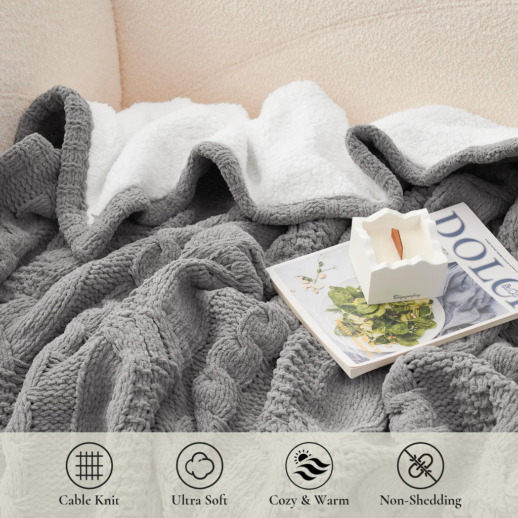 Amélie Home Cable Knit Throw Blanket for Couch, Chenille Sherpa Soft Cozy Throw Blankets for Sofa Chair Comfortable Home, 50"x60", Gray