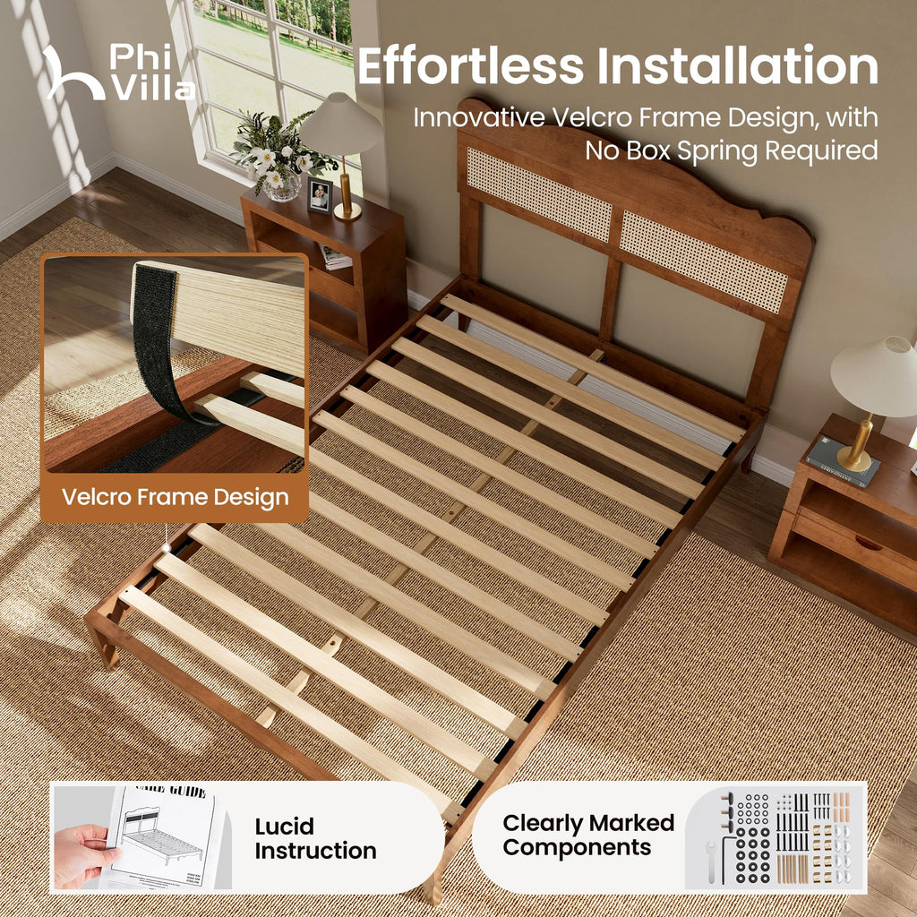 PHI VILLA Full Rattan Bed Frame with Headboard, Mid Century Modern Wooden Bed Frames, No Box Spring Needed, Brown