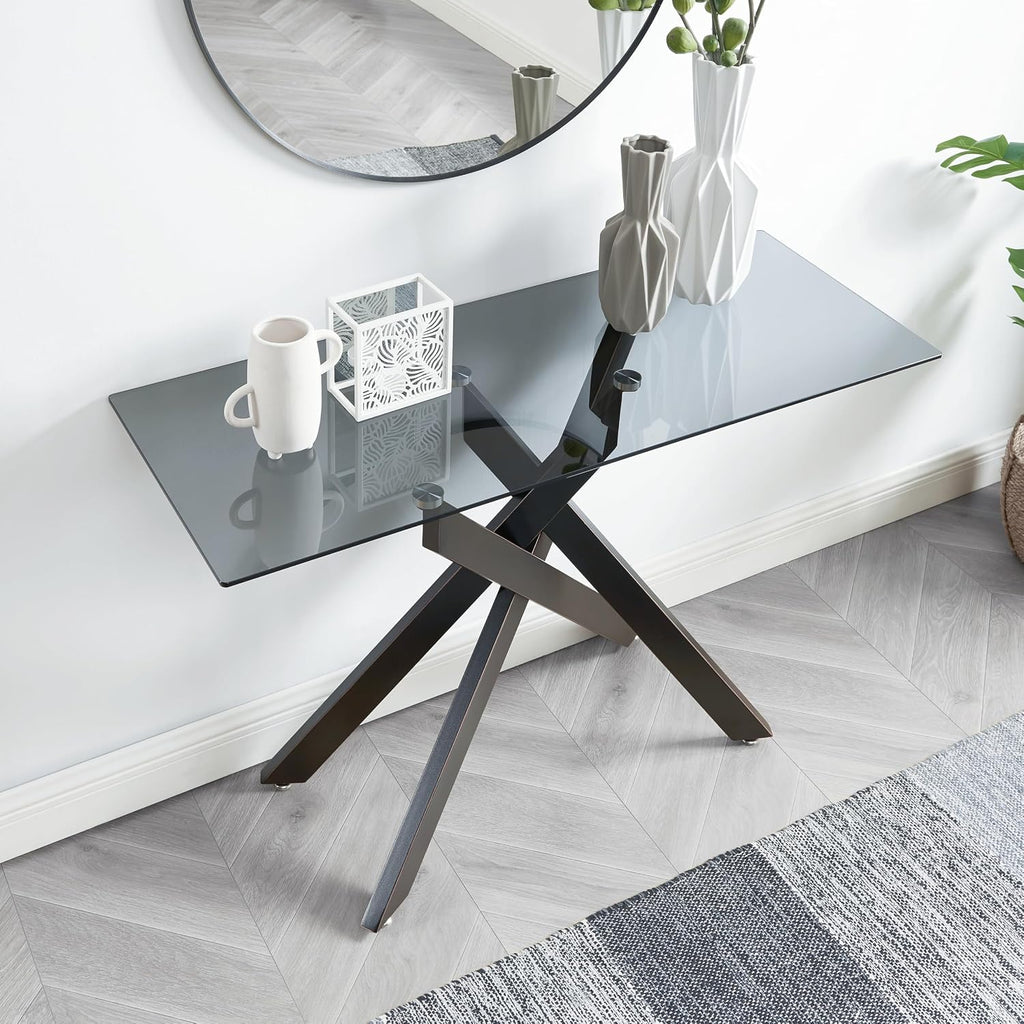 Edwin's Choice Black Glass Console Table Narrow Sofa Table with Grey Tempered Glass Top and Black Metal Tubular Legs with Gold Rim, 45”Lx18”Wx30”H