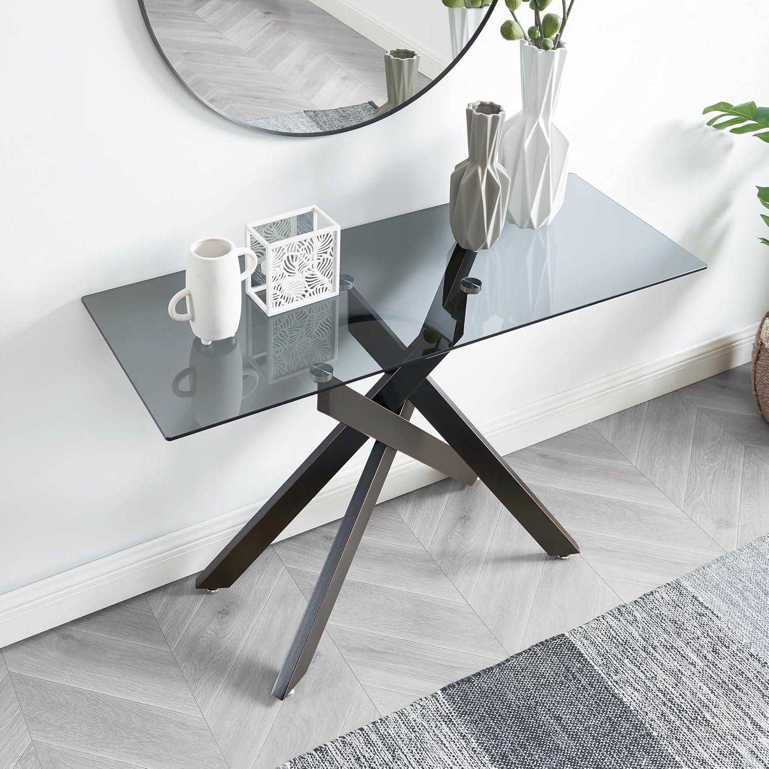 Edwin's Choice Black Glass Console Table Narrow Sofa Table with Grey Tempered Glass Top and Black Metal Tubular Legs with Gold Rim, 45”Lx18”Wx30”H