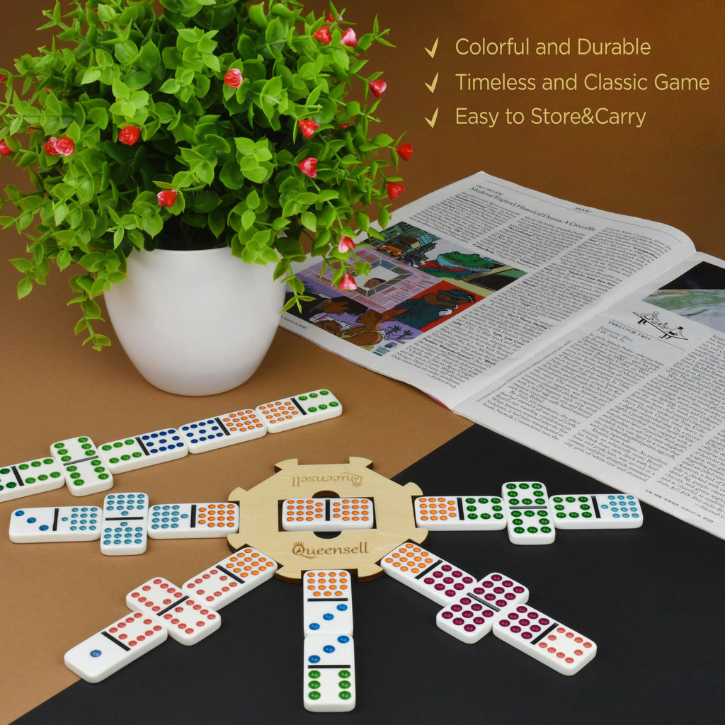 Queensell Mexican Train Dominoes Set Double 15 for Adults and Family, Mexican Train Double 15 Dominoes Set Colored Dot - 136 Tiles, 9 Trains, Wooden Hub, Aluminum Case (Double 15)