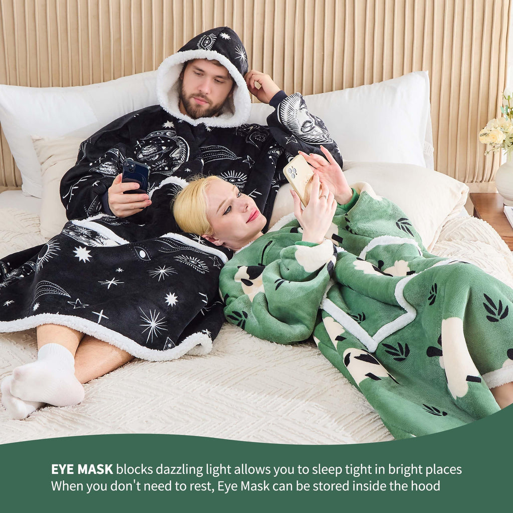 IFNOW Wearable Blanket Hoodie, Oversized Sherpa Fleece Hooded Sweatshirt with Eye Mask, Cozy and Giant Blanket Hoodie with Sleeves Extra Long for Adults Men Women, Black
