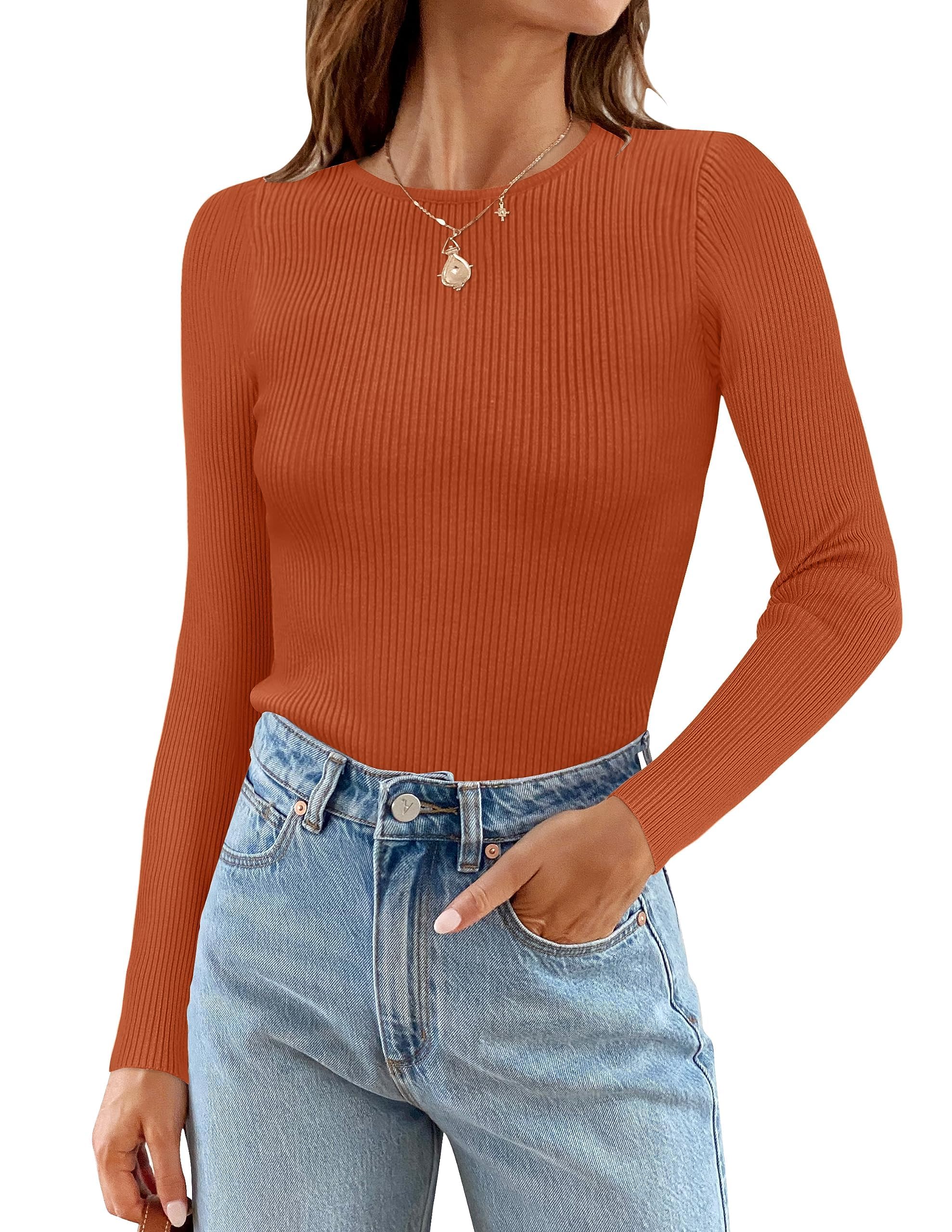 ZESICA Women's Long Sleeve Crewneck Shirts 2026 Spring Ribbed Knit Sweater Slim Fitted Casual Basic Tee Tops