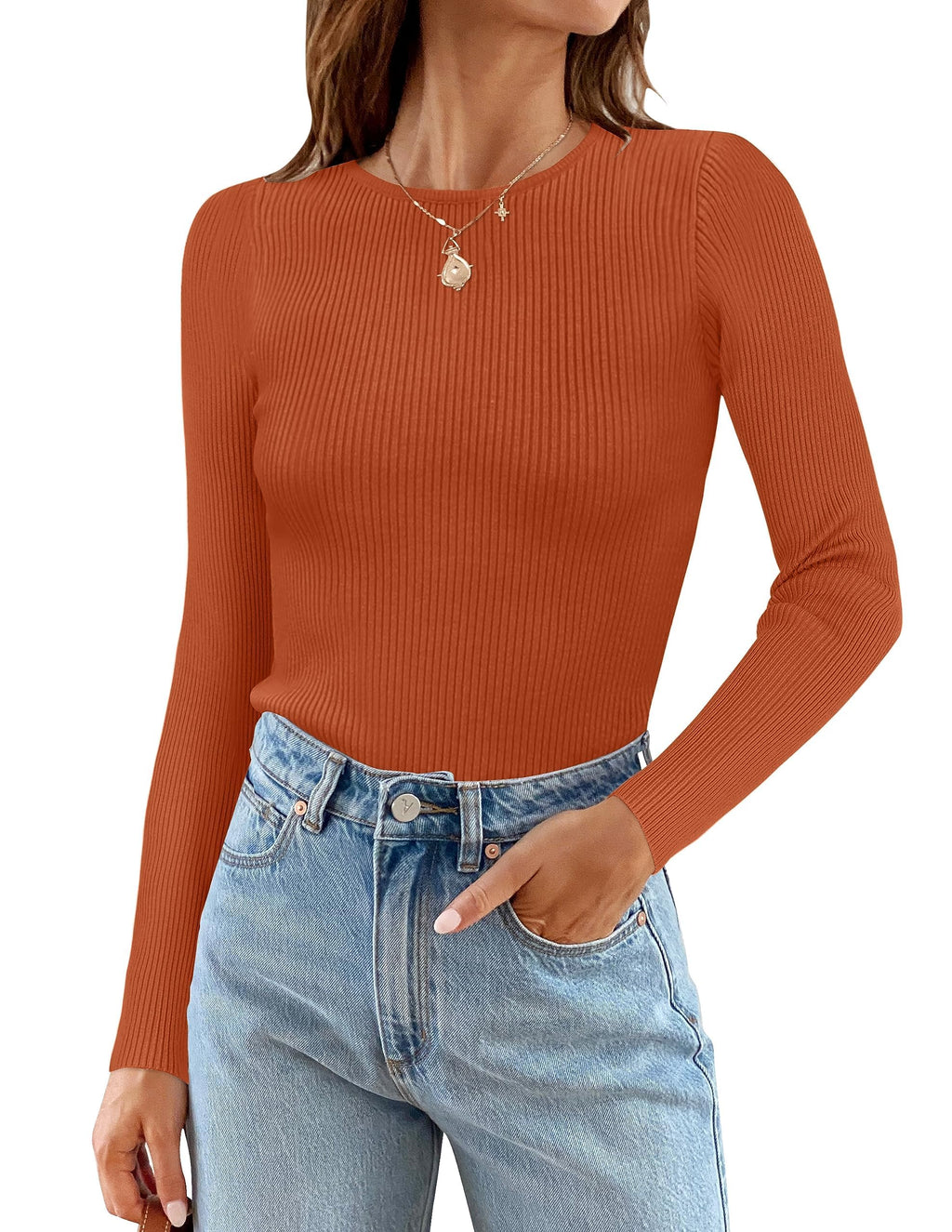ZESICA Women's Long Sleeve Crewneck Shirts 2026 Spring Ribbed Knit Sweater Slim Fitted Casual Basic Tee Tops