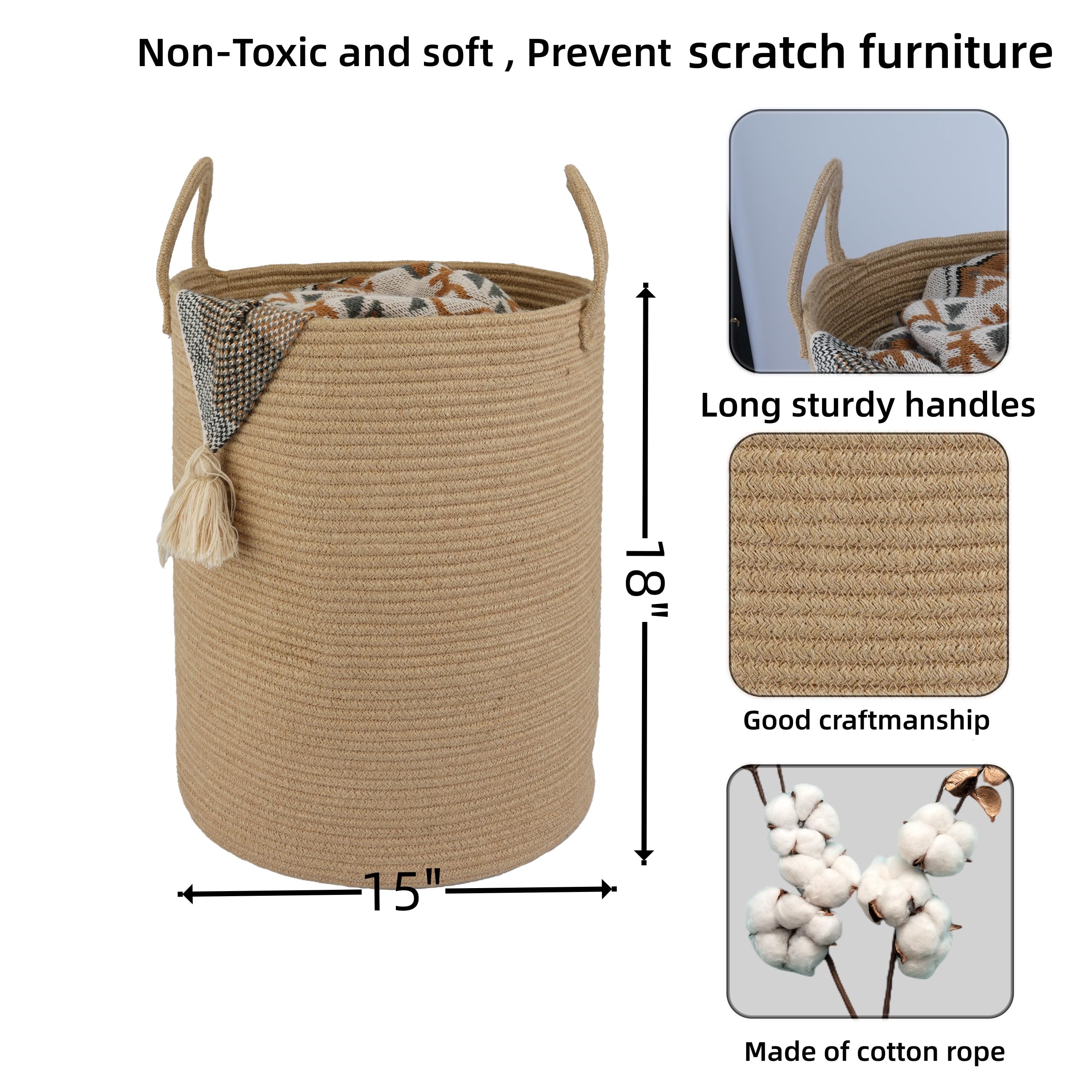 XUANGUO Black Cotton Rope Laundry Basket Hamper for Clothes Woven Storage Basket for Living Room Bedroom Boho Tall Rope Baskets for Blanket Toys Pillow Towels Baby Nursery Hamper Bin Large