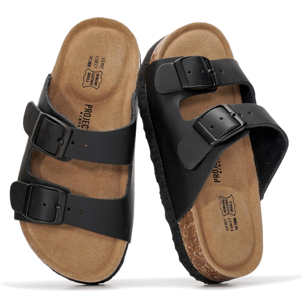 Project Cloud Kids Sandals 100% Genuine Leather - Natural Cork Footbed Non-Slip Slides for Kids - Lightweight Boys & Girls Sandals - Water-Resistant Girls & Boys Sandals
