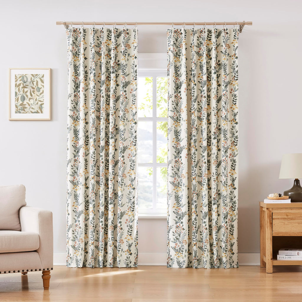 Kayne Studio Pinch Pleated Full Blackout Window Curtain Panels Botanical Floral Boho Leaf Print Country Farmhouse GreenYellow Room Darkening Thermal Insulated Window Treatment Bedroom,40"x84",2 Panels