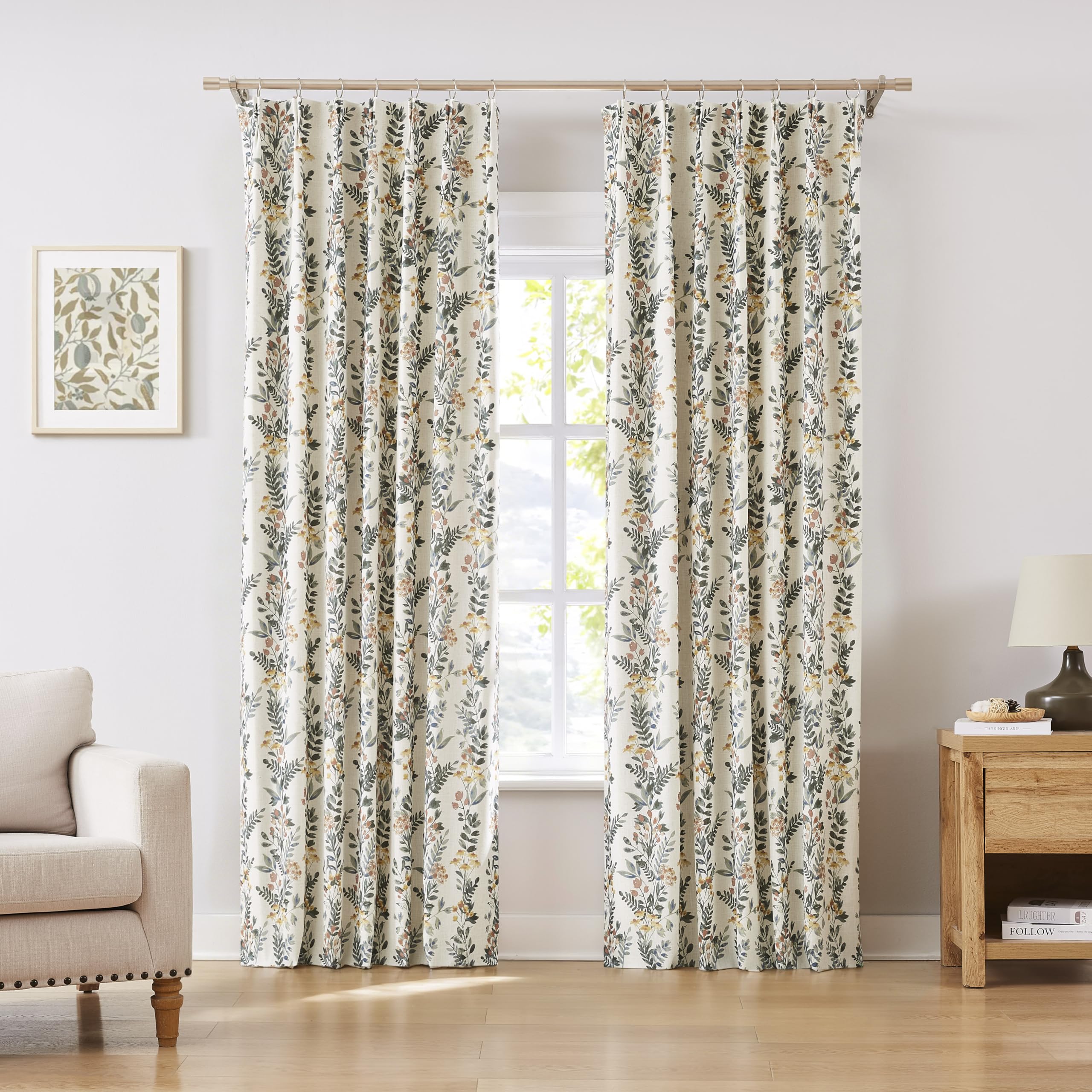 Kayne Studio Pinch Pleated Full Blackout Window Curtain Panels Botanical Floral Boho Leaf Print Country Farmhouse GreenYellow Room Darkening Thermal Insulated Window Treatment Bedroom,40"x84",2 Panels