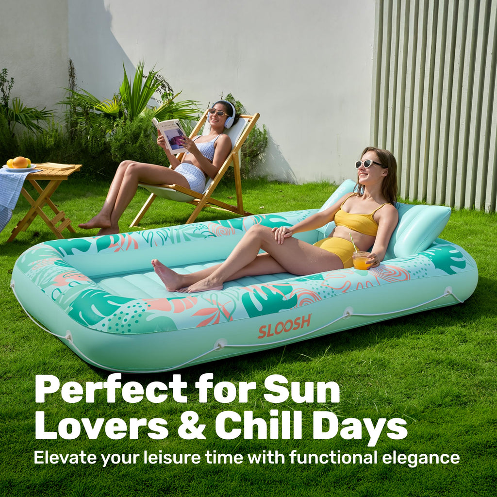 SLOOSH Inflatable Tanning Pool Lounger Float, 85" x 57" Extra Large Pool Floats Adult with Pillow, 4 in 1 Suntan Tub Raft Floatie,Sunbathing Bed Lounge for Water Blow Up Ball Pit Party Gifts, XL-Blue