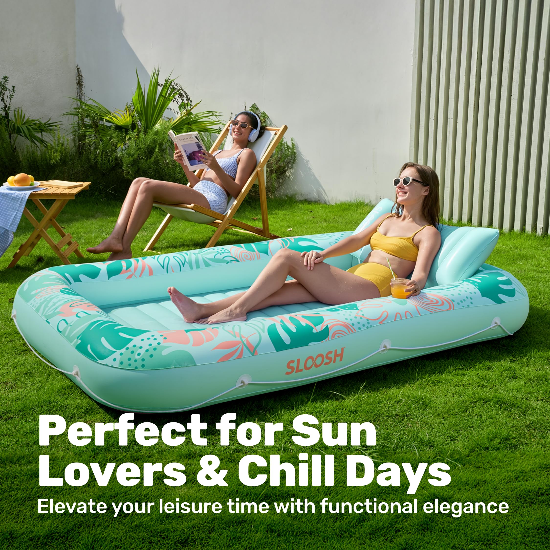SLOOSH Inflatable Tanning Pool Lounger Float, 85" x 57" Extra Large Pool Floats Adult with Pillow, 4 in 1 Suntan Tub Raft Floatie,Sunbathing Bed Lounge for Water Blow Up Ball Pit Party Gifts, XL-Blue