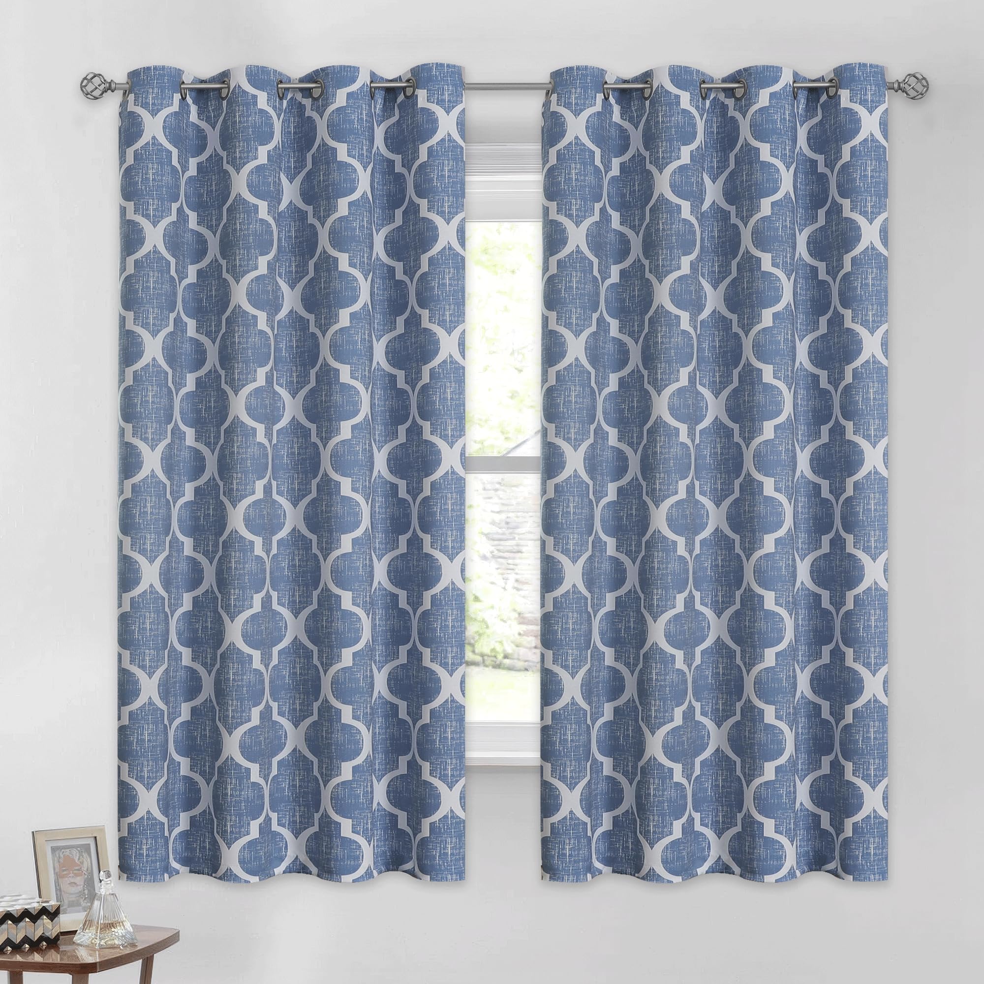 Beauoop 100% Blackout Curtains 45 Inches Long 2 Panels for Bedroom Living Room Aqua Grey Moroccan Geo Room Darkening Thermal Insulated Soundproof Grommet Top Window Treatments Drapes, 50x45 Set of 2