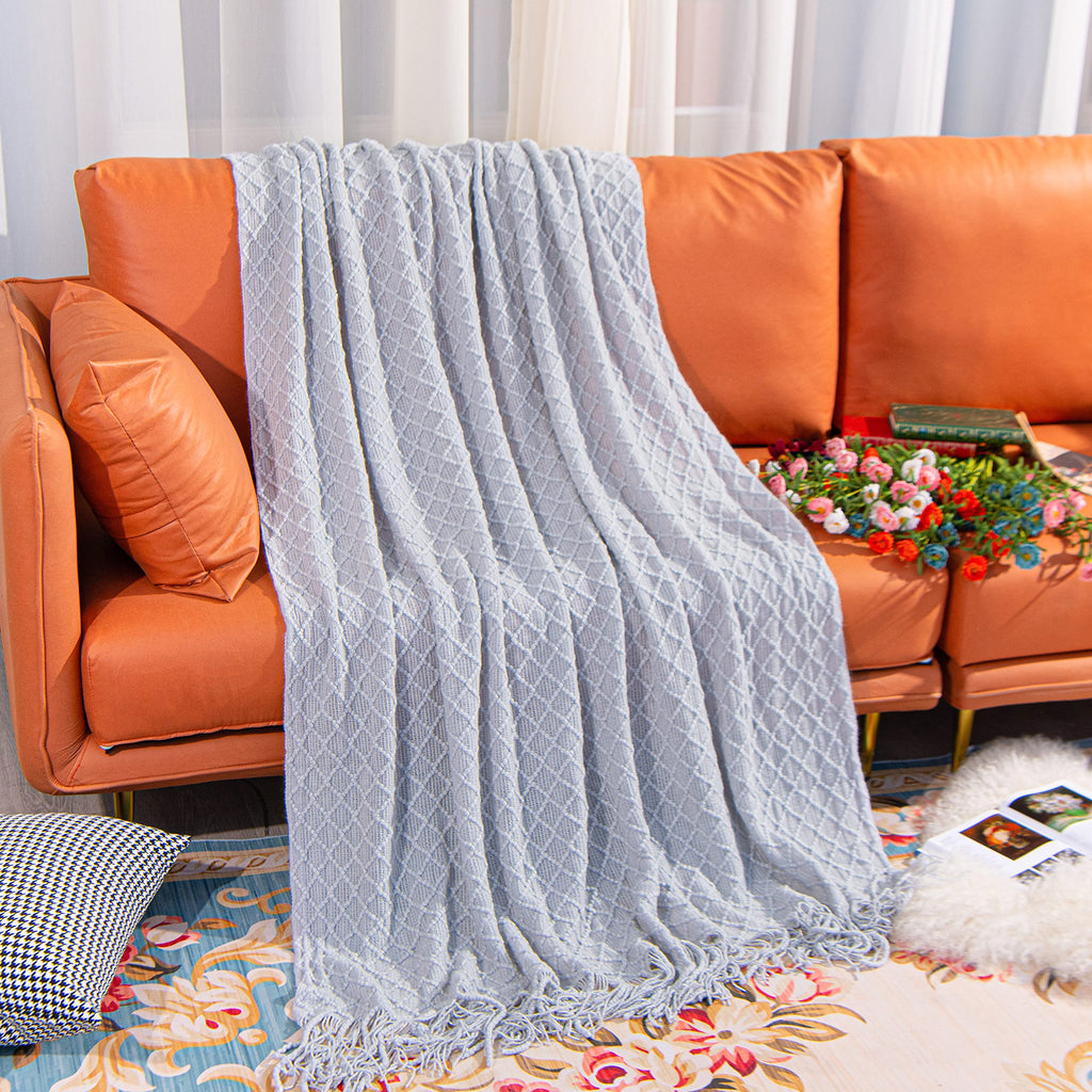 NTBAY Acrylic Knitted Throw Blanket, Lightweight and Soft Cozy Decorative Woven Blanket with Tassels for Travel, Couch, Bed, Sofa, 51x67 Inches, Grey Wave