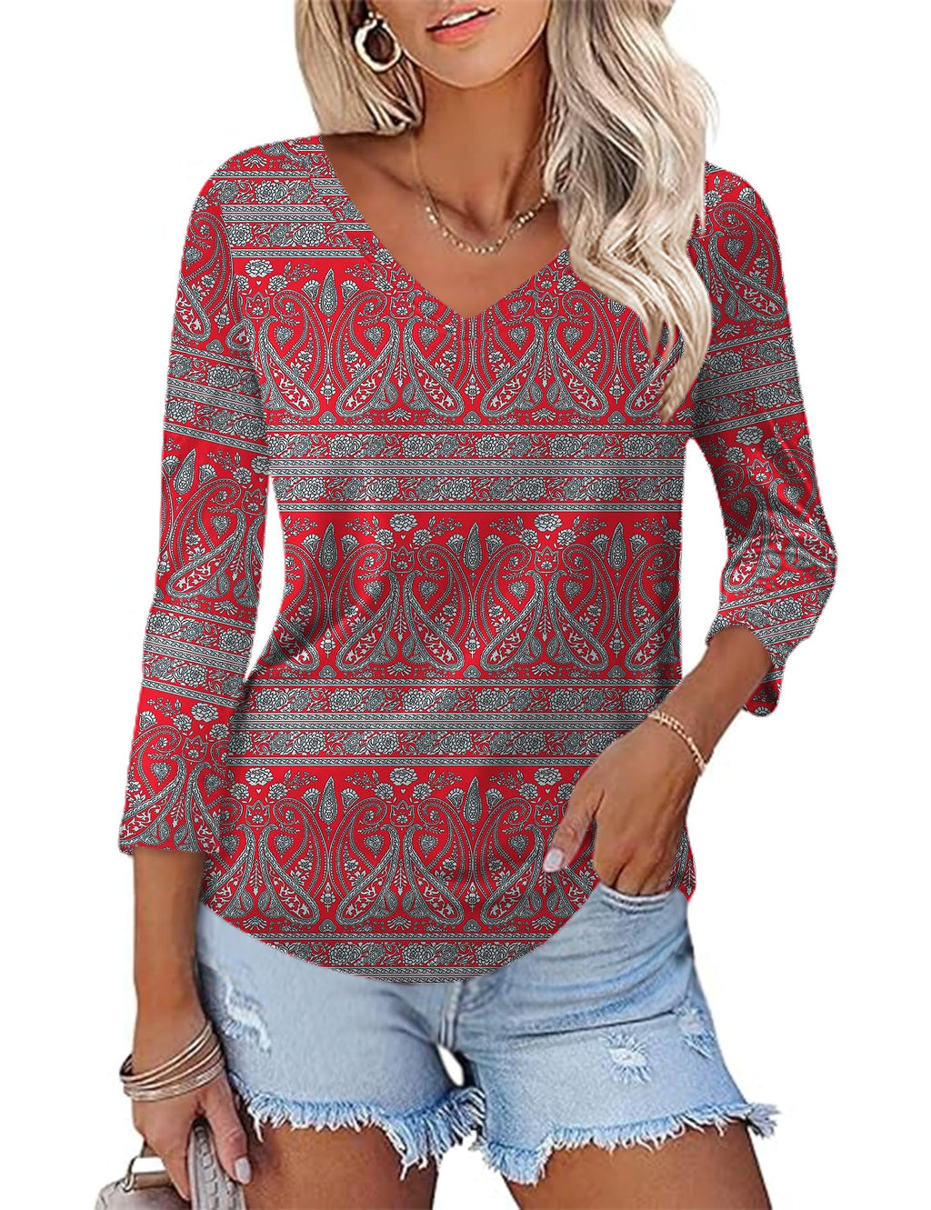 KTILG Women's V Neck T Shirts 3/4 Sleeve Blouse Summer Tops Dressy Casual Solid Basic Tees