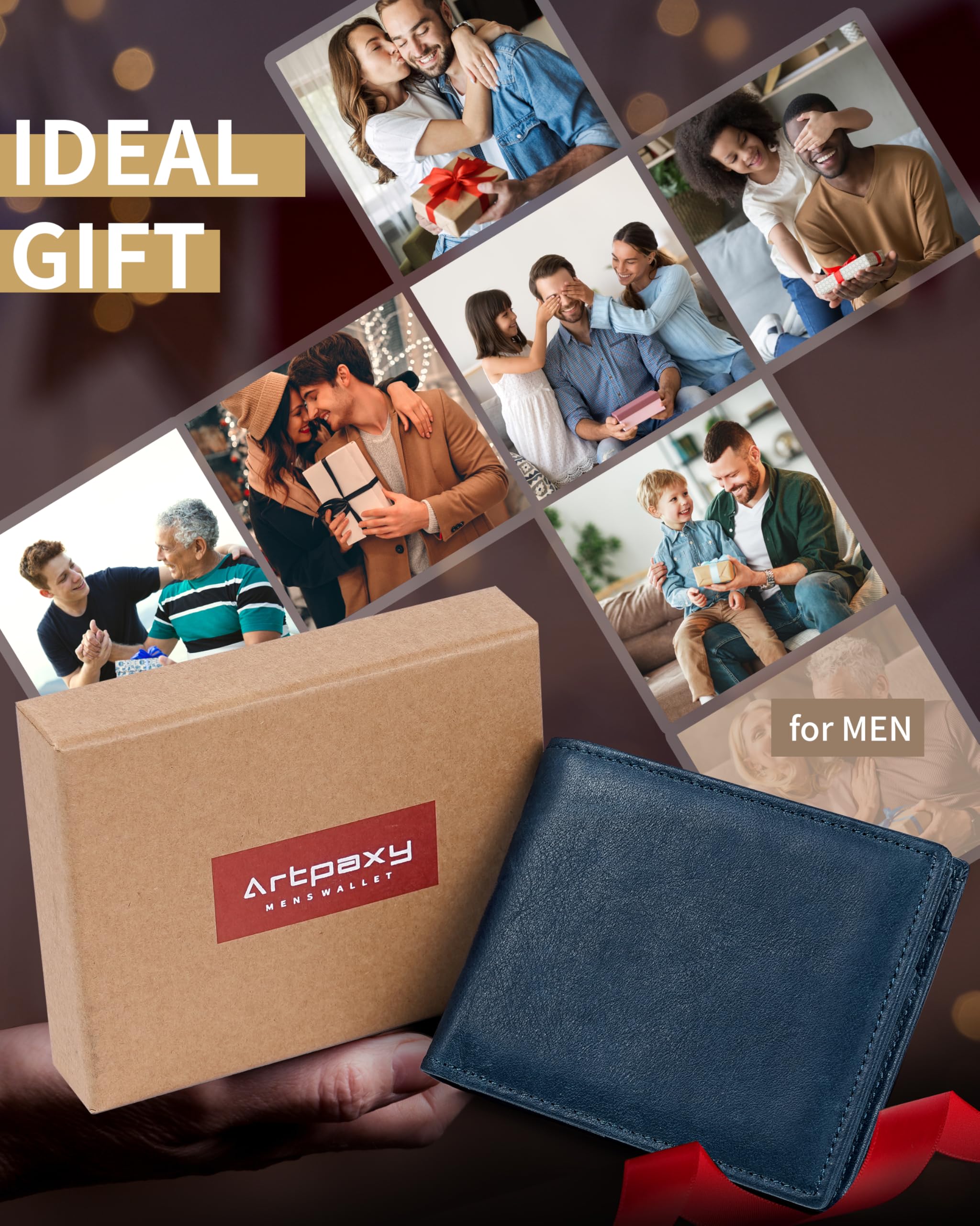 Artpaxy Mens Wallet Genuine Leather Bifold RFID Blocking Wallet for Men with 1 ID Window 13 Card Holders 2 cash pockets 1 Gift Box