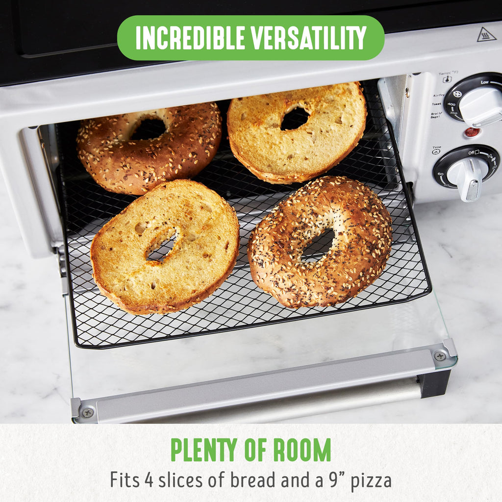 GreenLife Countertop Toaster Oven Air Fryer Stainless Steel, Healthy Ceramic Nonstick, PFAS Free, Tray & Basket, Bake, Broil, Reheat, Adjustable Temp & Time Control, Auto Shutoff, Black