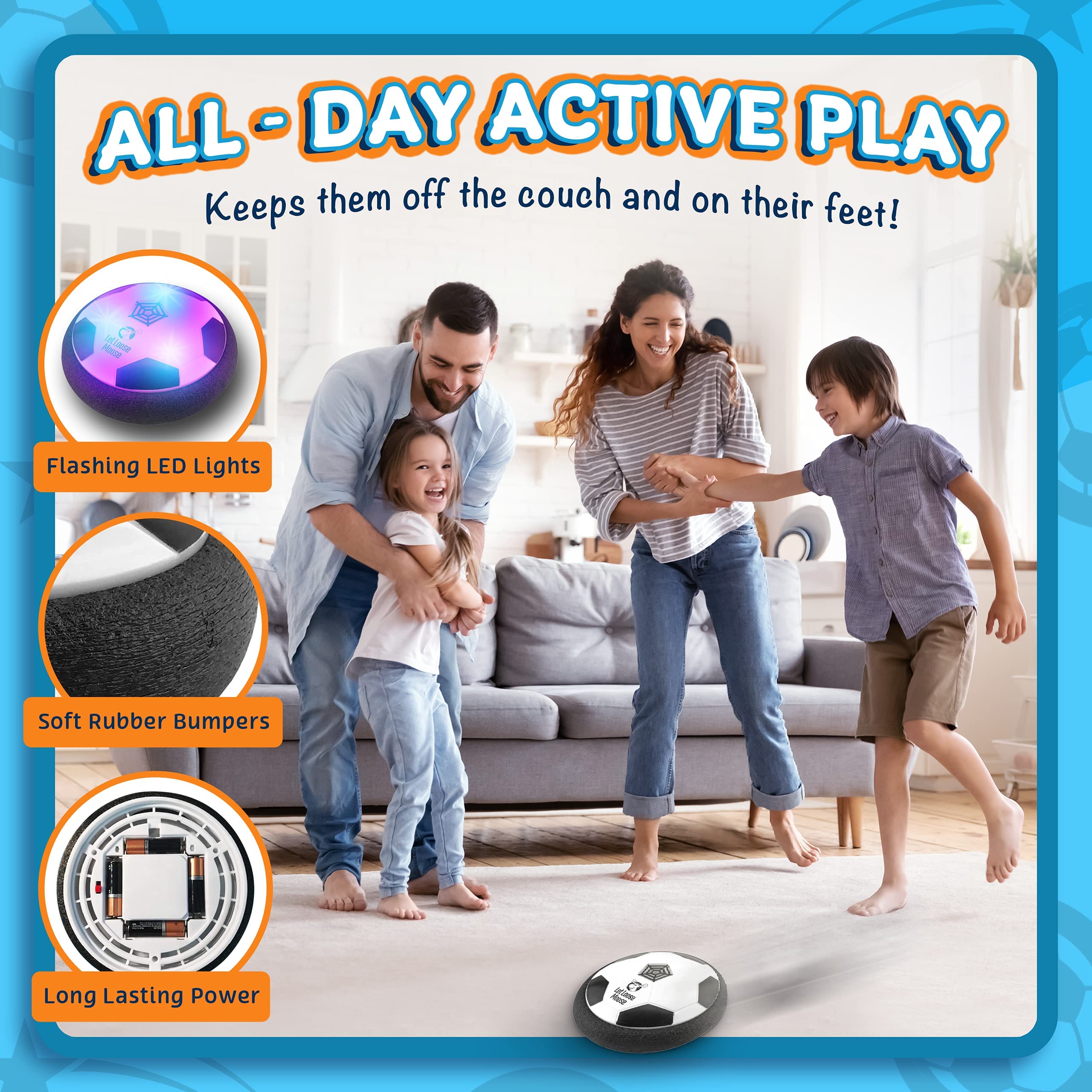 Let Loose Moose Hover Soccer Ball - Set of 2 Air Floating Soccer Toy with Led Light and Foam Bumper Protection, Indoor Sports Games Birthday Christmas for Boys - Birthday Gifts for Kids