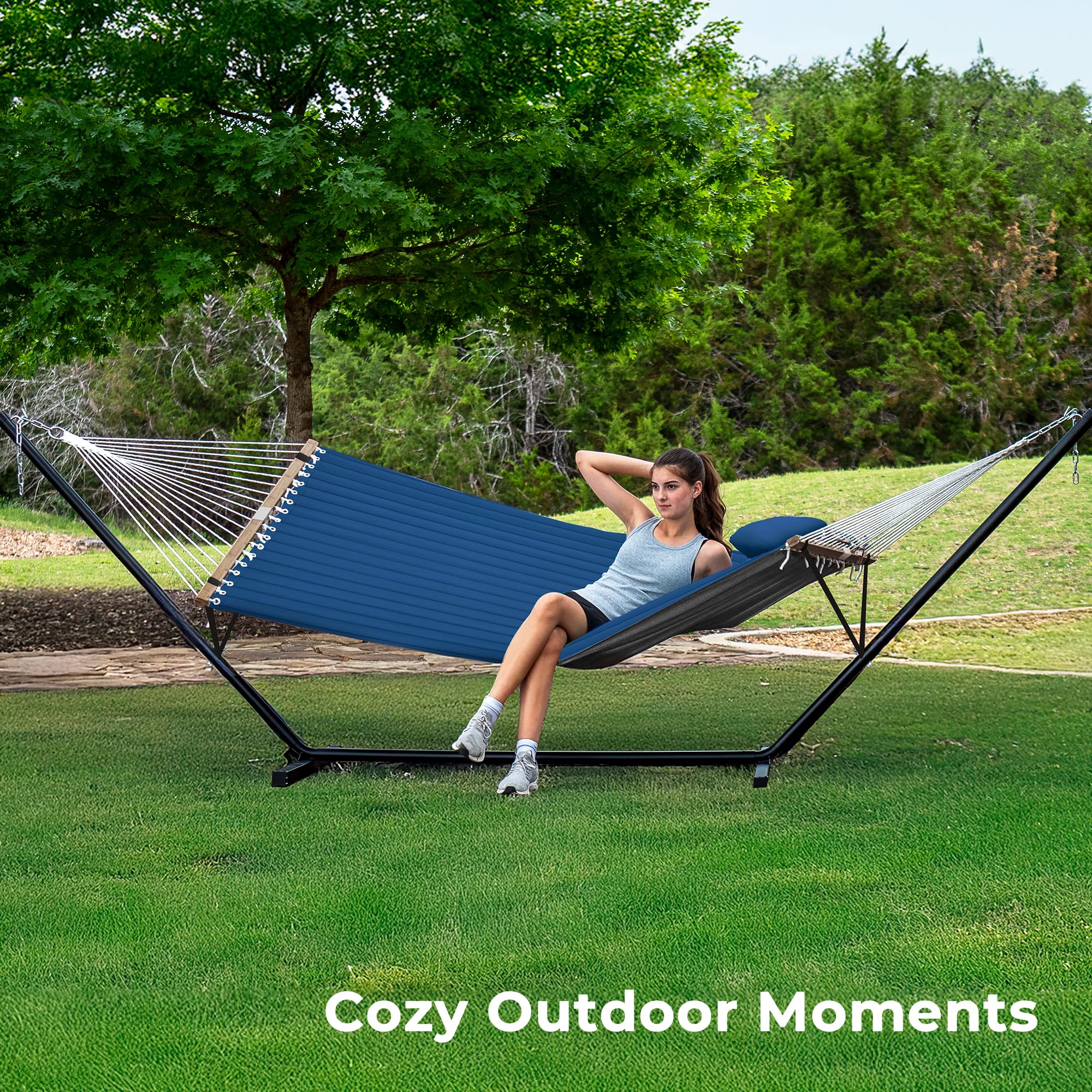 SUPERJARE Hammock with Stand, 2 Person Quilted Outdoor Hammock, Detachable Pillow & Bamboo Spreaders, Portable Hammock with Carrying Bag, Heavy Duty Stand, Perfect for Outside, Patio, Aqua Blue
